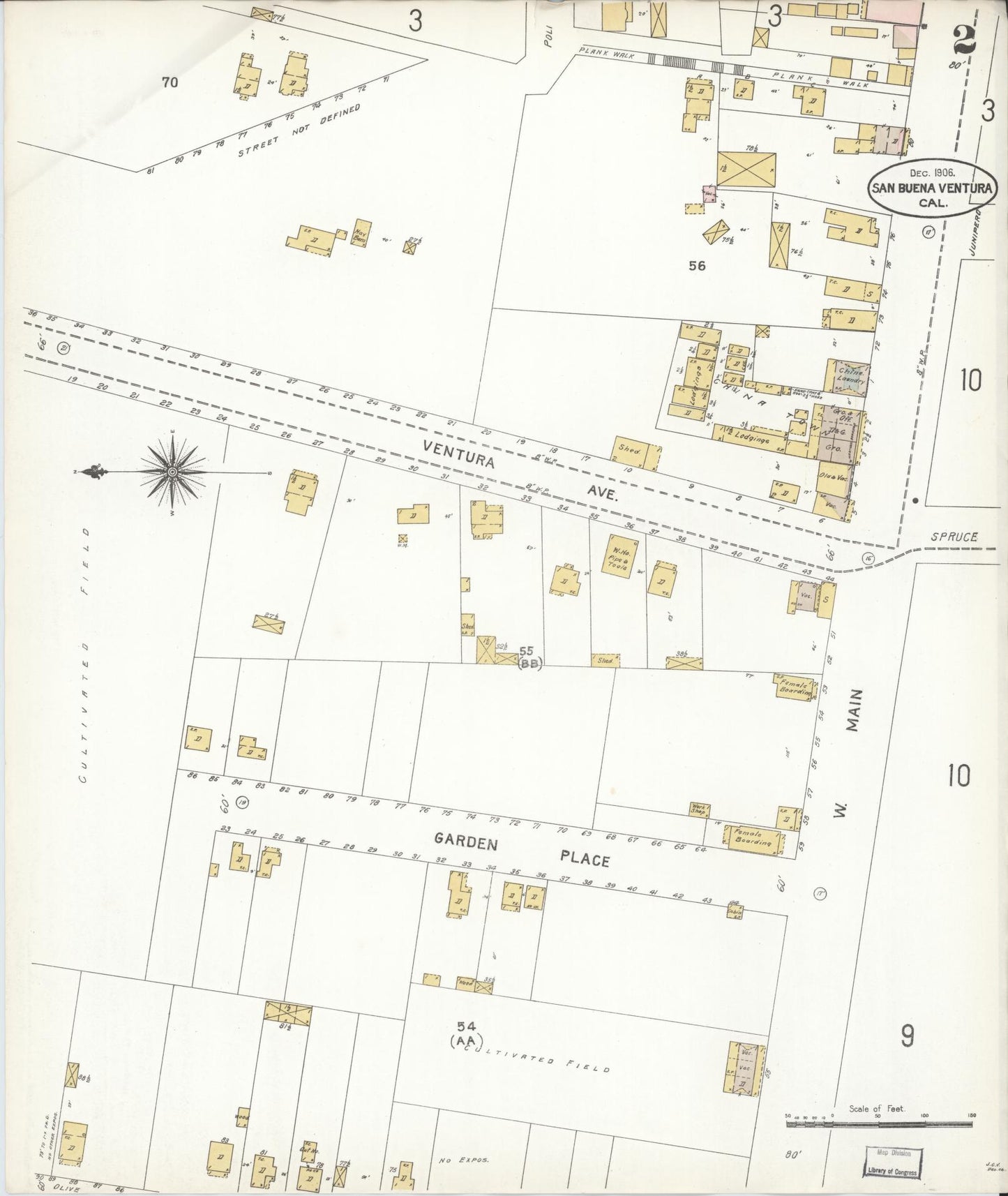 Sanborn Fire Insurance Map from San Buenaventura, Ventura County, California (1906), Sheet #0002 - Complete Map Set gallery image, historic Sanborn map, vintage wall art, California California