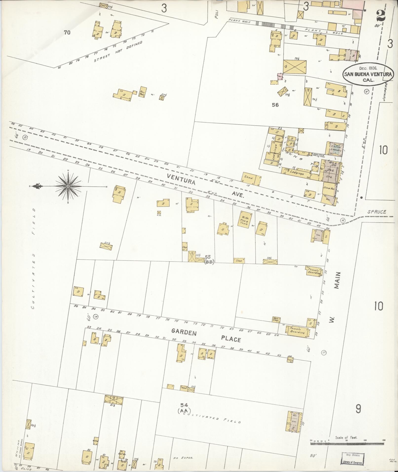 Sanborn Fire Insurance Map from San Buenaventura, Ventura County, California (1906), Sheet #0002 - Complete Map Set gallery image, historic Sanborn map, vintage wall art, California California