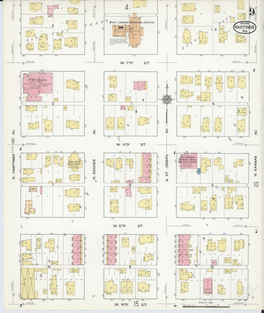 Sanborn Fire Insurance Map from Hastings, Adams County, Nebraska (1915), Sheet #0009 - Historic Sanborn Fire Insurance Map Print, vintage old map wall art, antique decor, genealogy gift, Nebraska Nebraska map