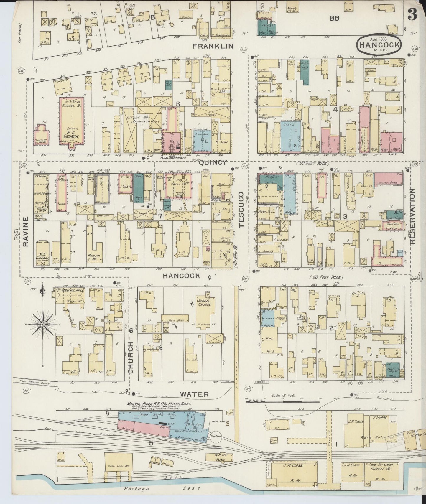 Sanborn Fire Insurance Map from Houghton, Houghton County, Michigan (1893), Sheet #0003 - Complete Map Set gallery image, historic Sanborn map, vintage wall art, Michigan Michigan
