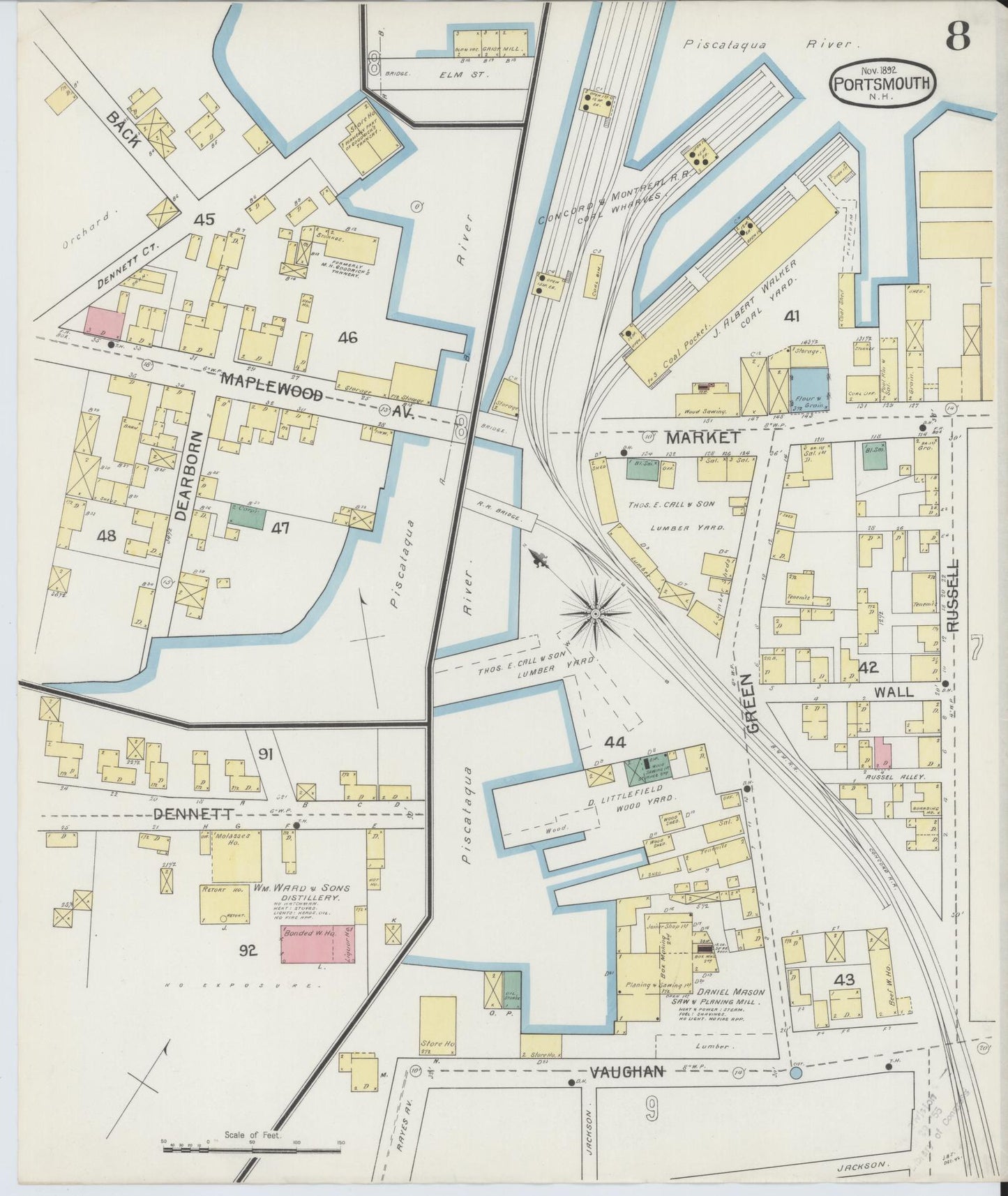 Sanborn Fire Insurance Map from Portsmouth, Rockingham County, New Hampshire (1892), Sheet #0008 - Historic Sanborn Fire Insurance Map Print, vintage old map wall art, antique decor, genealogy gift, New Hampshire New Hampshire map