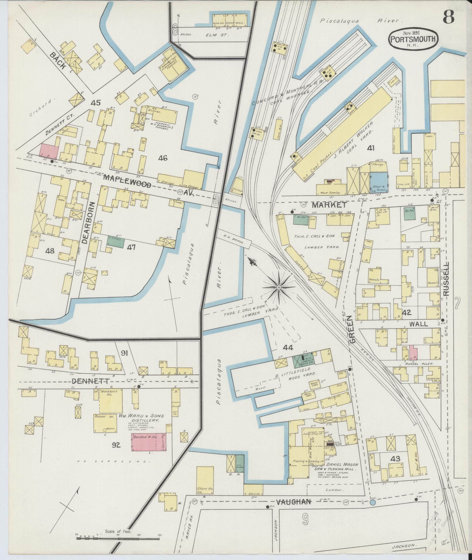 Sanborn Fire Insurance Map from Portsmouth, Rockingham County, New Hampshire (1892), Sheet #0008 - Historic Sanborn Fire Insurance Map Print, vintage old map wall art, antique decor, genealogy gift, New Hampshire New Hampshire map