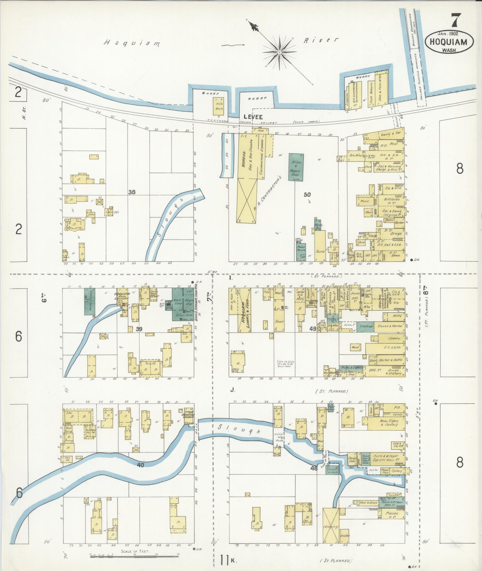 Sanborn Fire Insurance Map from Hoquiam, Grays Harbor County, Washington (1902), Sheet #0007 - Historic Sanborn Fire Insurance Map Print, vintage old map wall art, antique decor, genealogy gift, Washington Washington map