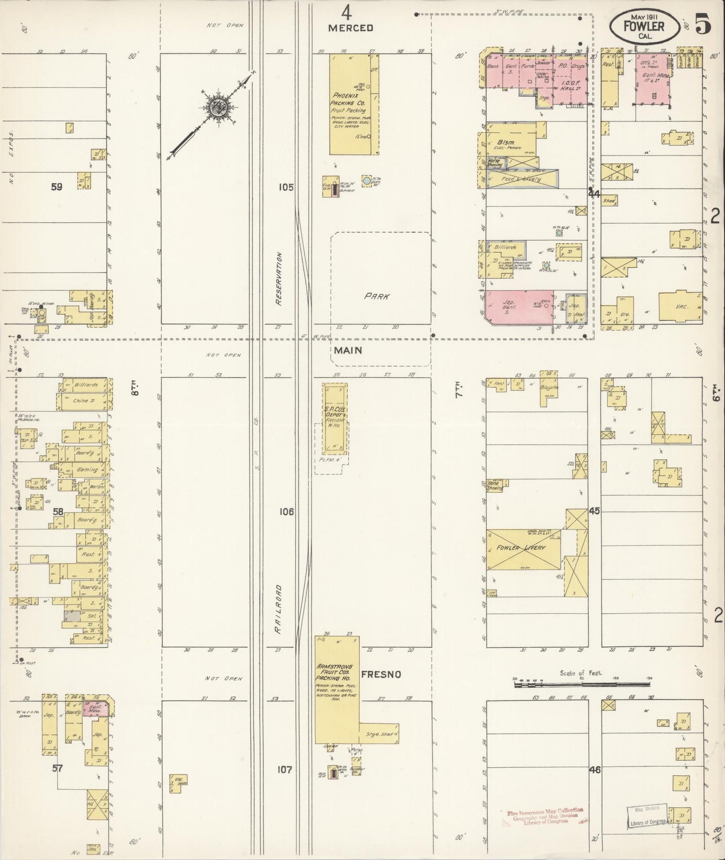 Sanborn Fire Insurance Map from Fowler, Fresno County, California (1911), Sheet #0005 - Historic Sanborn Fire Insurance Map Print, vintage old map wall art, antique decor, genealogy gift, California California map