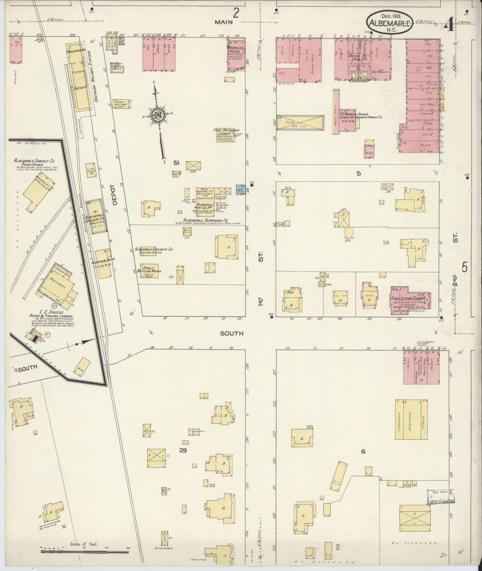 Sanborn Fire Insurance Map from Albemarle, Stanley County, North Carolina (1913), Sheet #0004 - Historic Sanborn Fire Insurance Map Print, vintage old map wall art, antique decor, genealogy gift, North Carolina North Carolina map