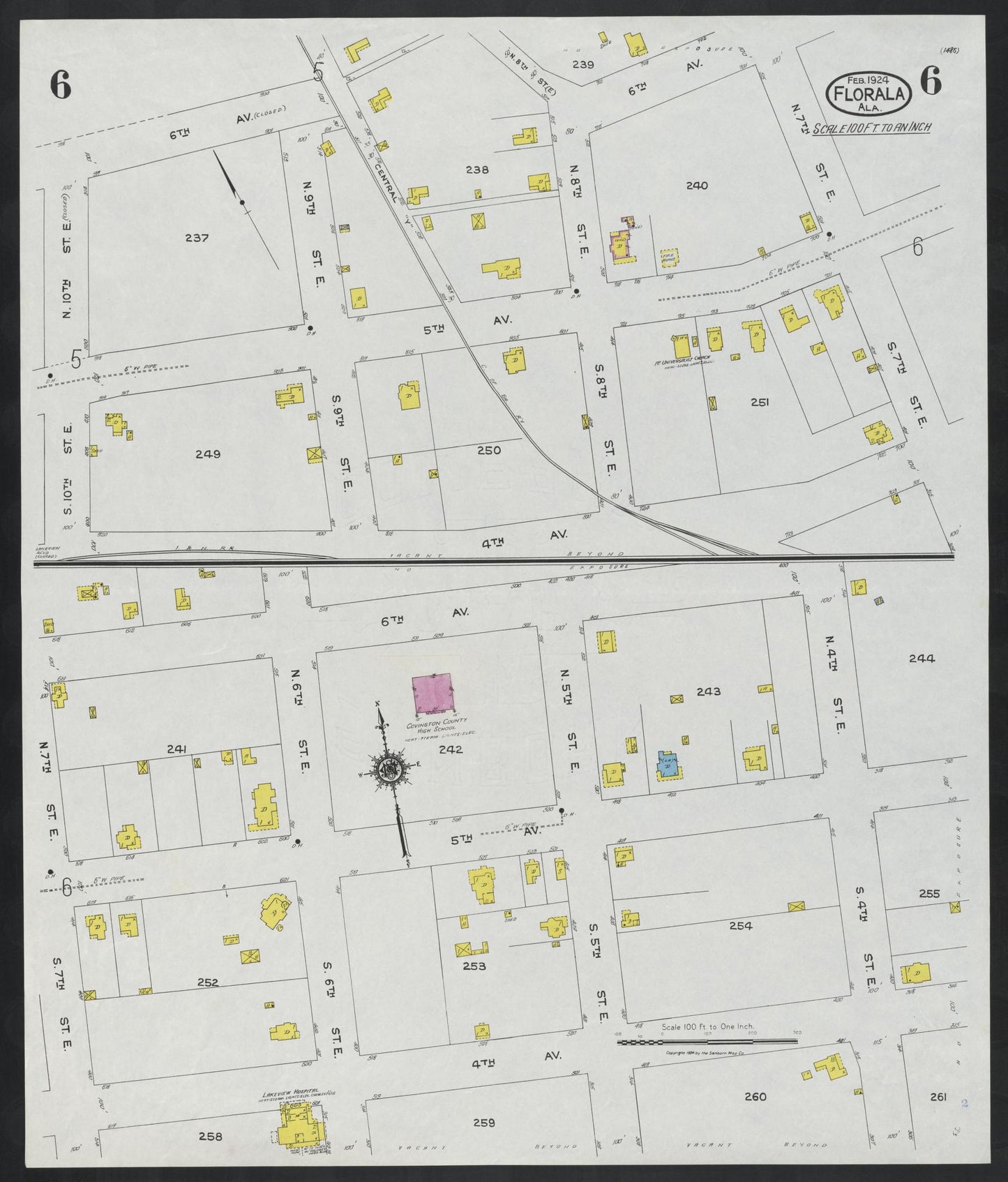 Sanborn Fire Insurance Map from Florala, Covington County, Alabama (1924), Sheet #0006 - Historic Sanborn Fire Insurance Map Print, vintage old map wall art, antique decor, genealogy gift, Alabama Alabama map
