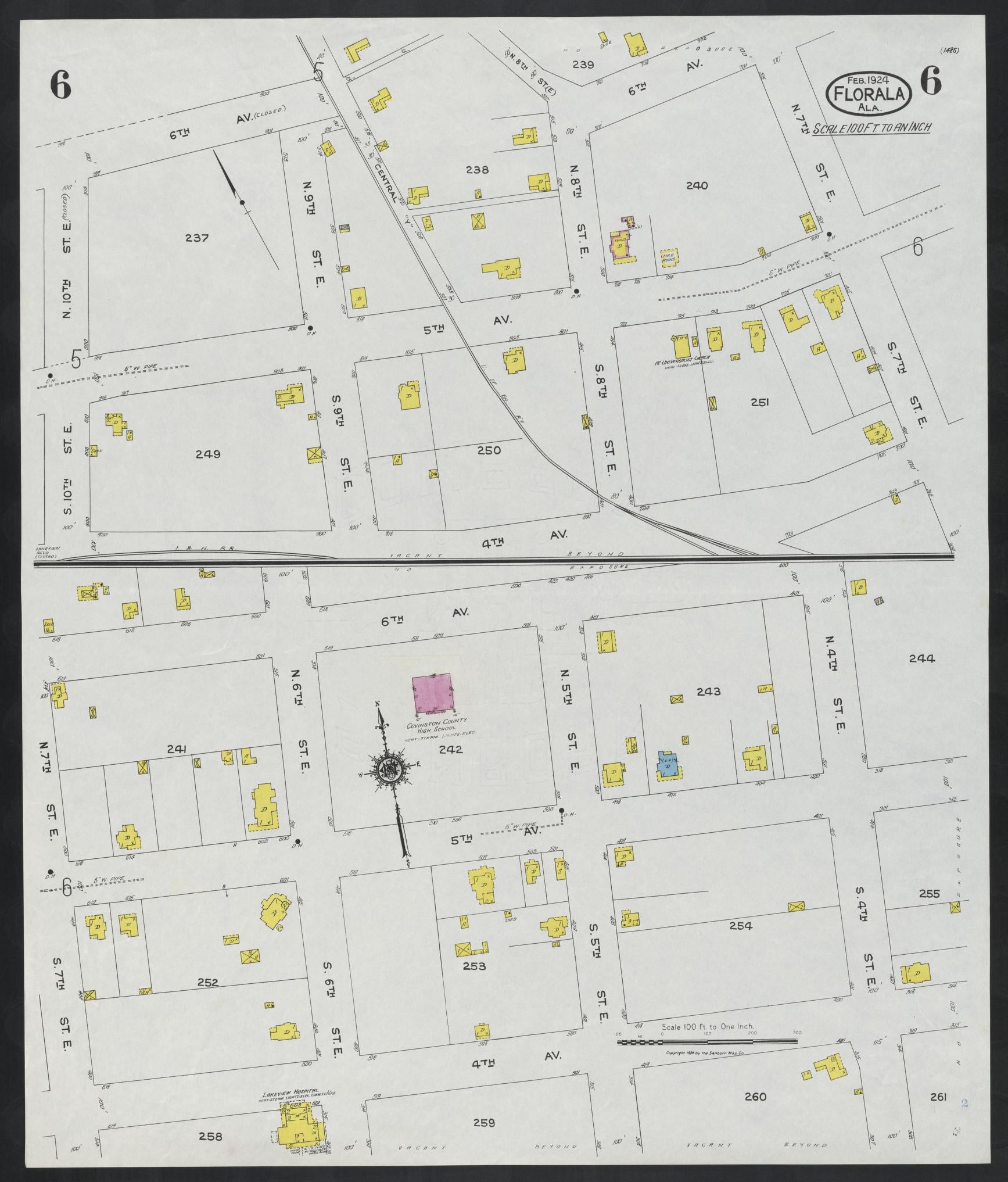 Sanborn Fire Insurance Map from Florala, Covington County, Alabama (1924), Sheet #0006 - Historic Sanborn Fire Insurance Map Print, vintage old map wall art, antique decor, genealogy gift, Alabama Alabama map