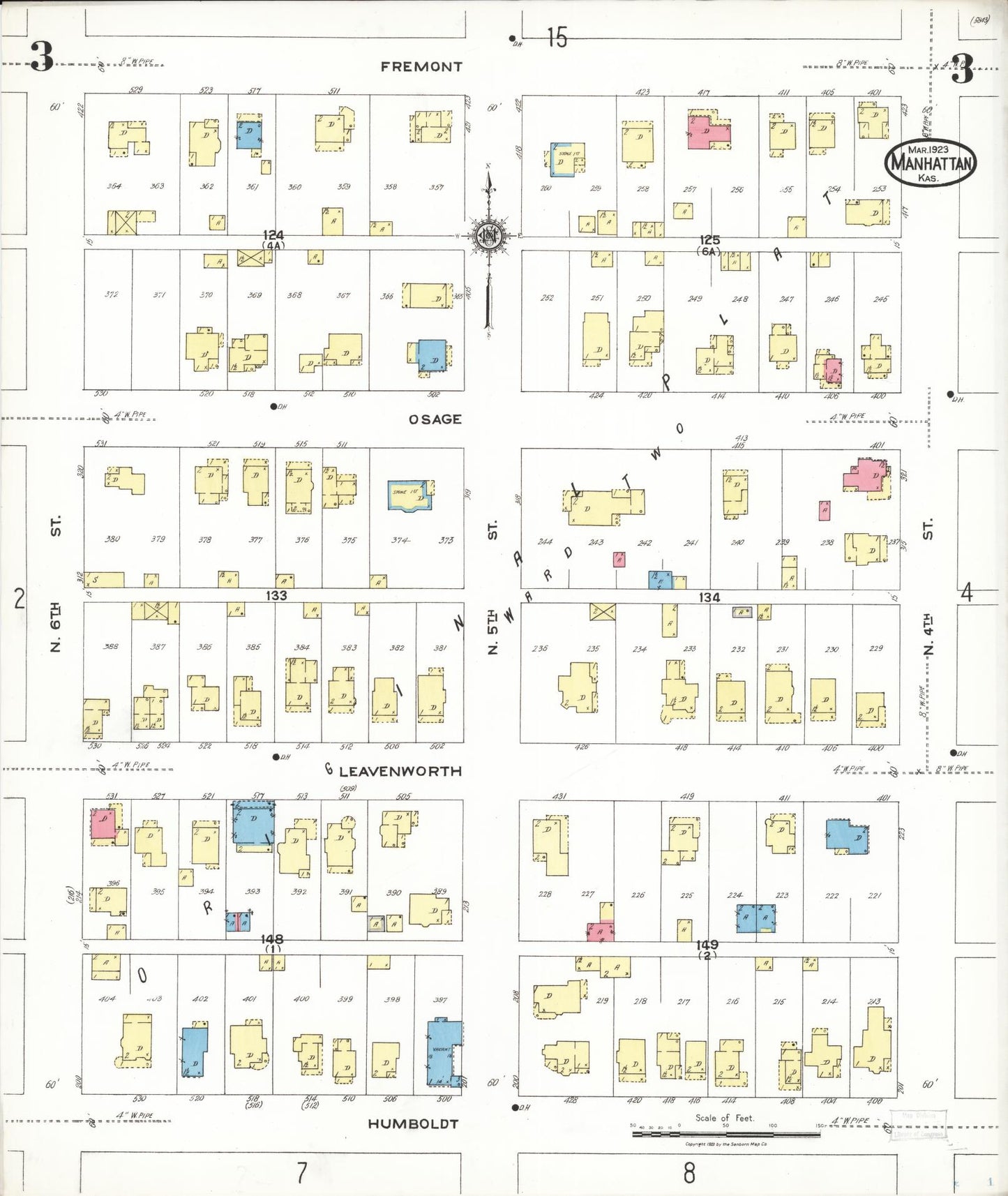 Sanborn Fire Insurance Map from Manhattan, Riley County, Kansas (1923), Sheet #0003 - Complete Map Set gallery image, historic Sanborn map, vintage wall art, Kansas Kansas