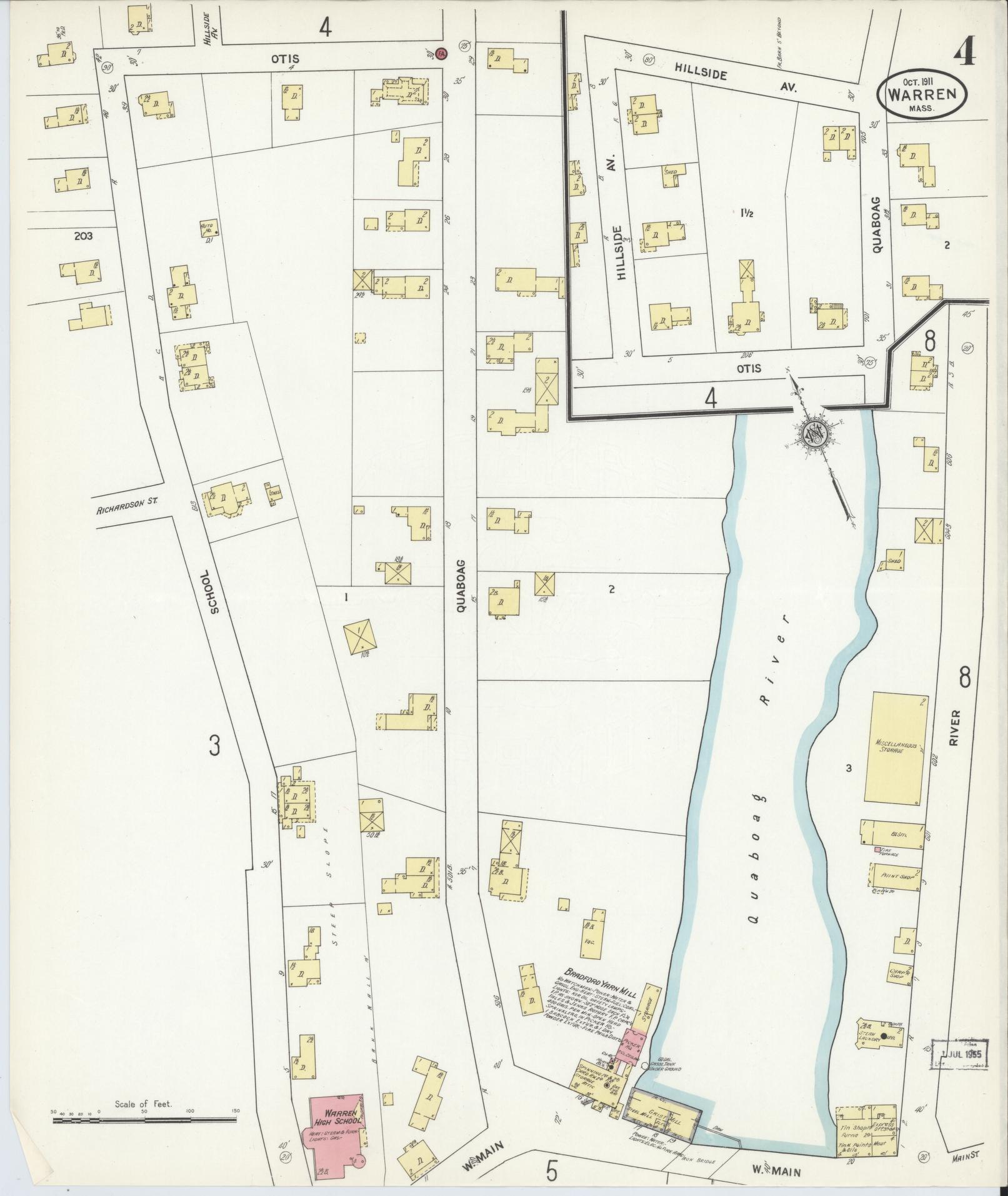 Sanborn Fire Insurance Map from Warren, Worcester County, Massachusetts (1911), Sheet #0004 - Historic Sanborn Fire Insurance Map Print, vintage old map wall art, antique decor, genealogy gift, Massachusetts Massachusetts map