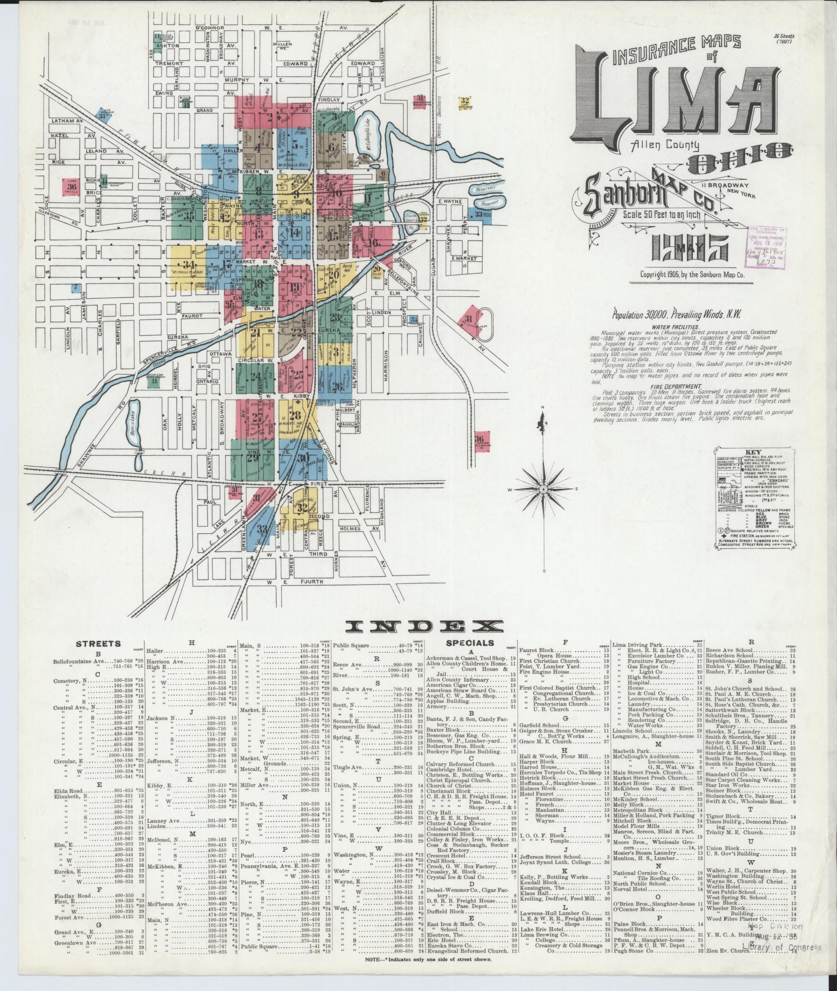 Sanborn Fire Insurance Map from Lima, Allen County, Ohio (1905), Sheet #0001 - Historic Sanborn Fire Insurance Map Print, vintage old map wall art, antique decor, genealogy gift, Ohio Ohio map