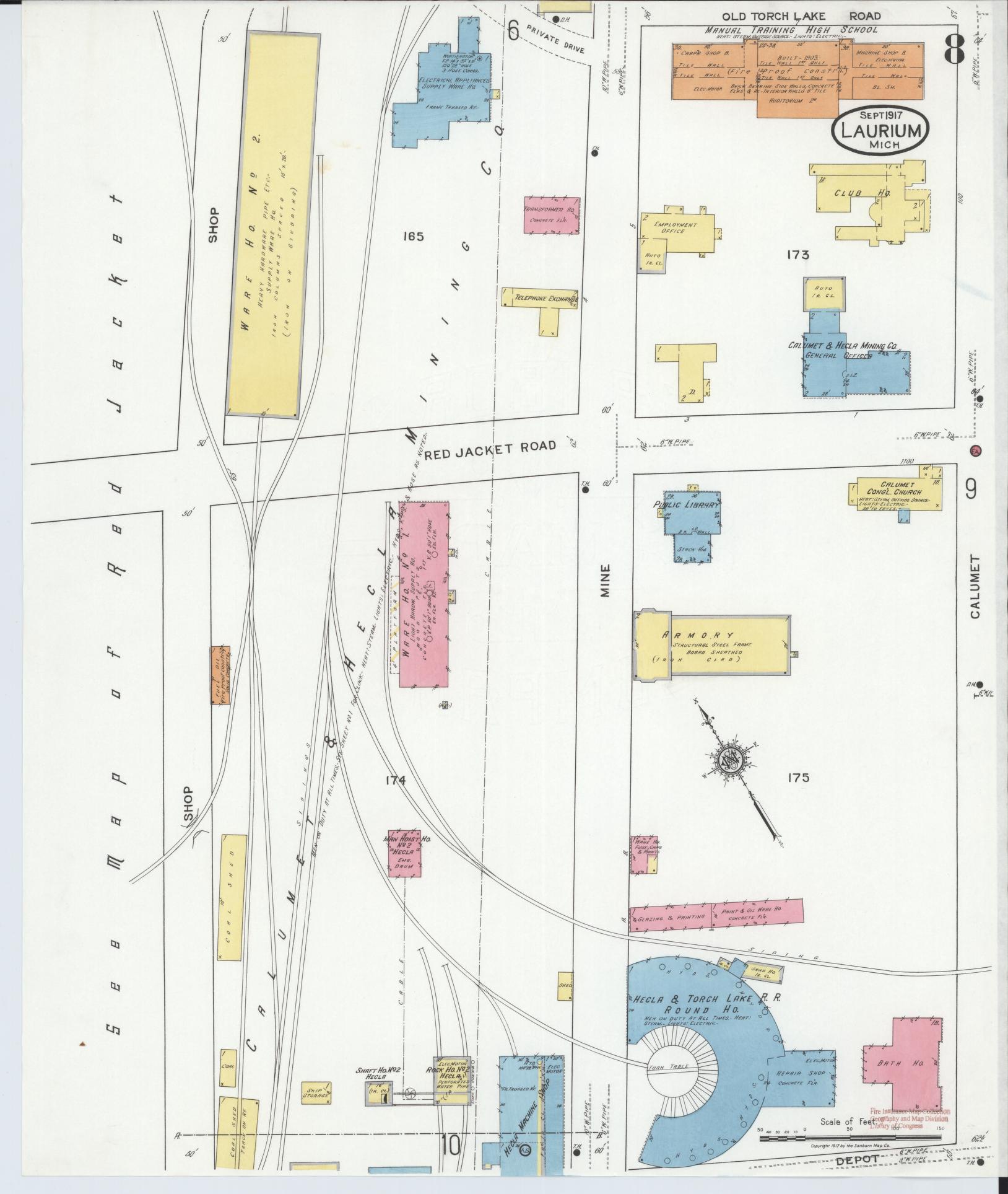 Sanborn Fire Insurance Map from Laurium, Houghton County, Michigan (1917), Sheet #0008 - Complete Map Set gallery image, historic Sanborn map, vintage wall art, Michigan Michigan
