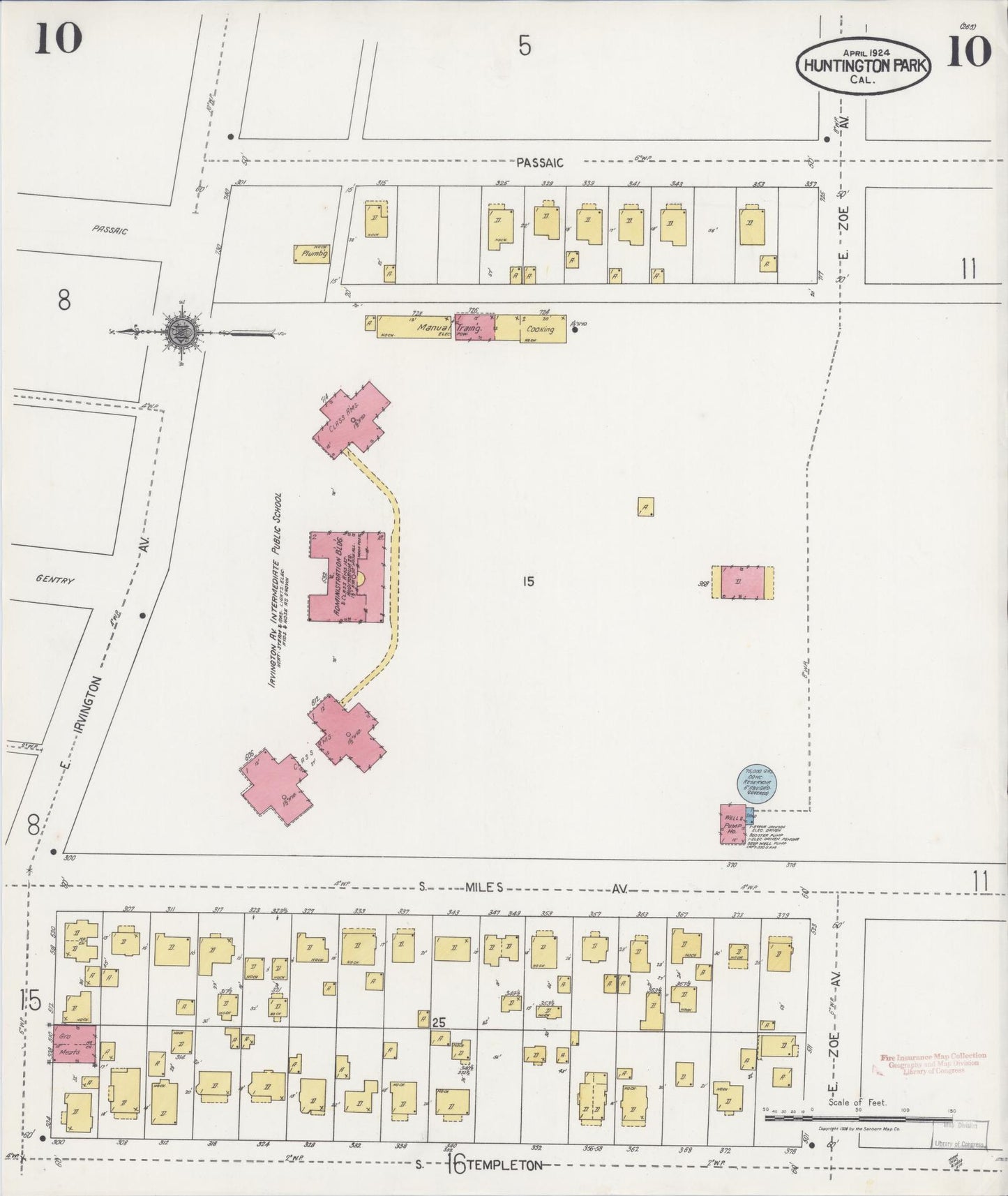 Sanborn Fire Insurance Map from Huntington Park, Los Angeles County, California (1924), Sheet #0010 - Historic Sanborn Fire Insurance Map Print, vintage old map wall art, antique decor, genealogy gift, California California map