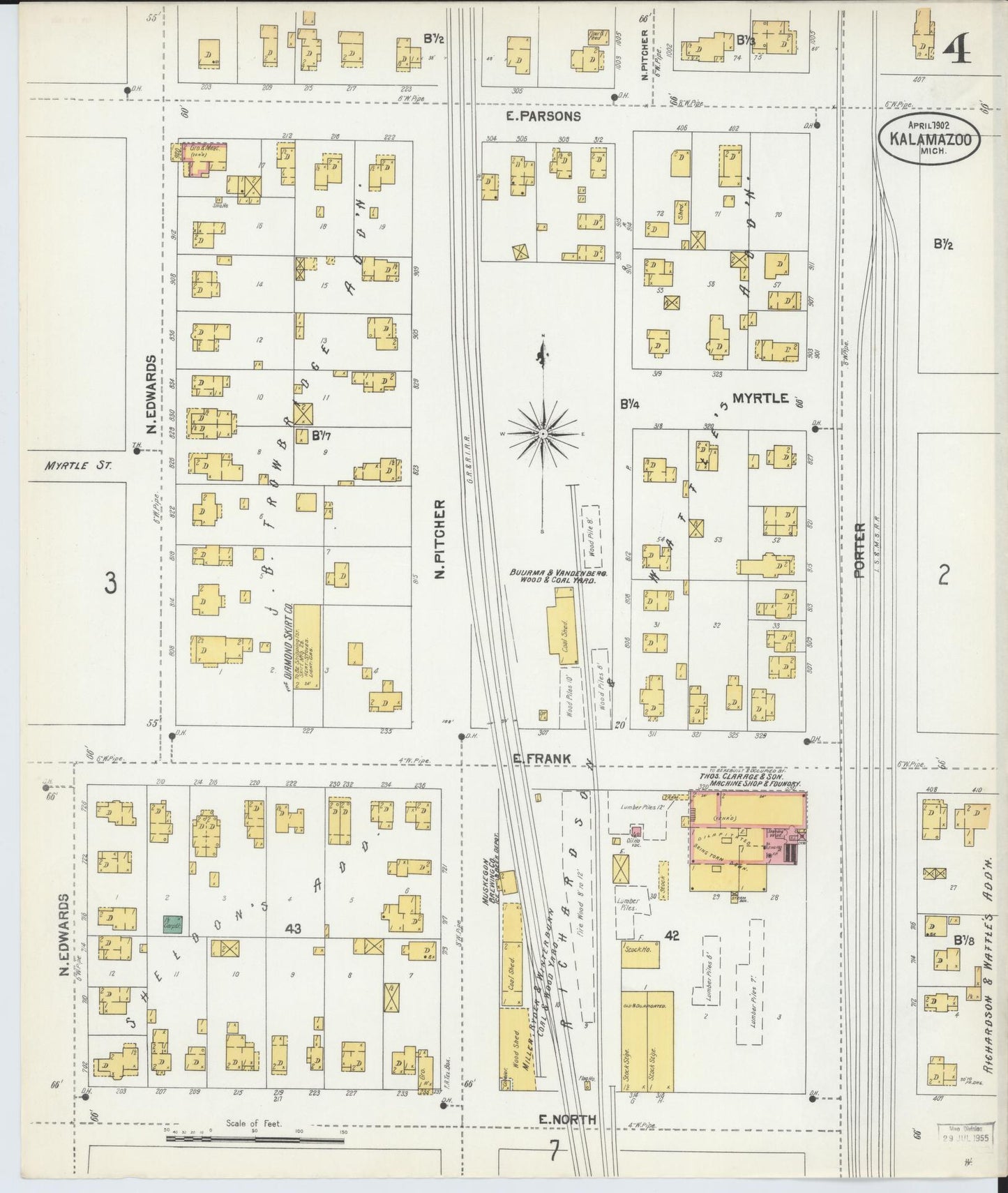 Sanborn Fire Insurance Map from Kalamazoo, Kalamazoo County, Michigan (1902), Sheet #0004 - Complete Map Set gallery image, historic Sanborn map, vintage wall art, Michigan Michigan