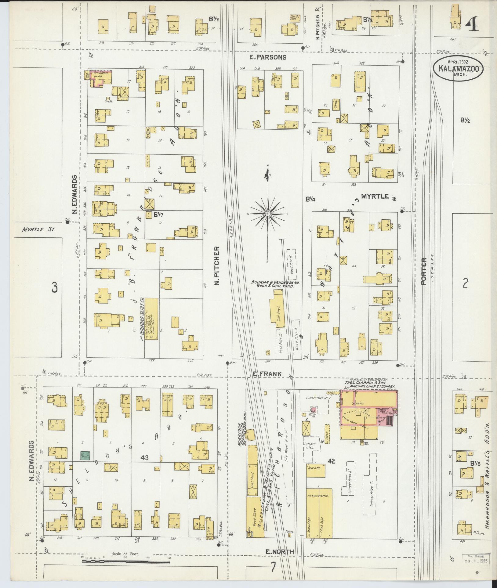 Sanborn Fire Insurance Map from Kalamazoo, Kalamazoo County, Michigan (1902), Sheet #0004 - Complete Map Set gallery image, historic Sanborn map, vintage wall art, Michigan Michigan