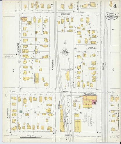 Sanborn Fire Insurance Map from Kalamazoo, Kalamazoo County, Michigan (1902), Sheet #0004 - Complete Map Set gallery image, historic Sanborn map, vintage wall art, Michigan Michigan