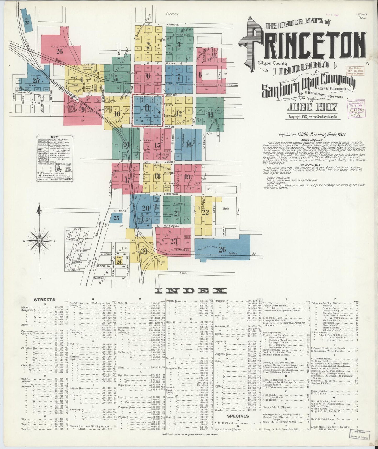 Sanborn Fire Insurance Map from Princeton, Gibson County, Indiana (1907), Sheet #0001 - Complete Map Set gallery image, historic Sanborn map, vintage wall art, Indiana Indiana