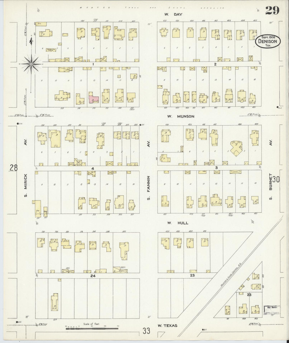 Sanborn Fire Insurance Map from Denison, Grayson County, Texas (1908), Sheet #0029 - Complete Map Set gallery image, historic Sanborn map, vintage wall art, Texas Texas