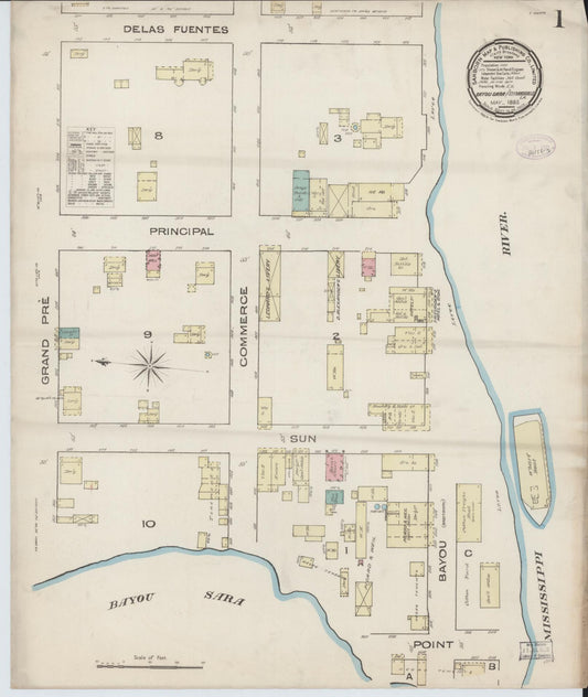 Sanborn Fire Insurance Map from Bayou Sara, West Feliciana Parish, Louisiana (1885), Sheet #0001 - Historic Sanborn Fire Insurance Map Print, vintage old map wall art, antique decor, genealogy gift, Louisiana Louisiana map