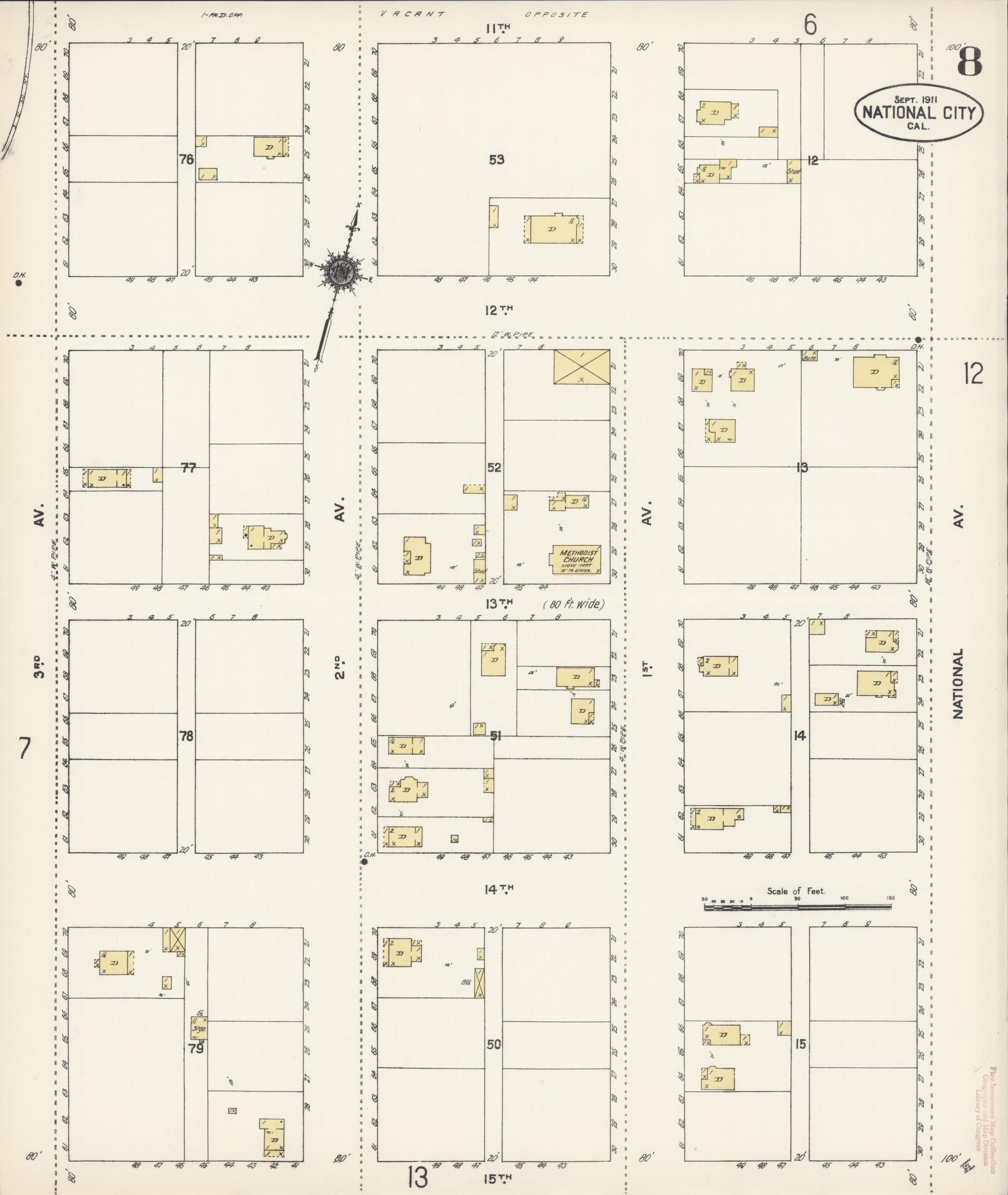 Sanborn Fire Insurance Map from National City, San Diego County, California (1911), Sheet #0008 - Historic Sanborn Fire Insurance Map Print, vintage old map wall art, antique decor, genealogy gift, California California map