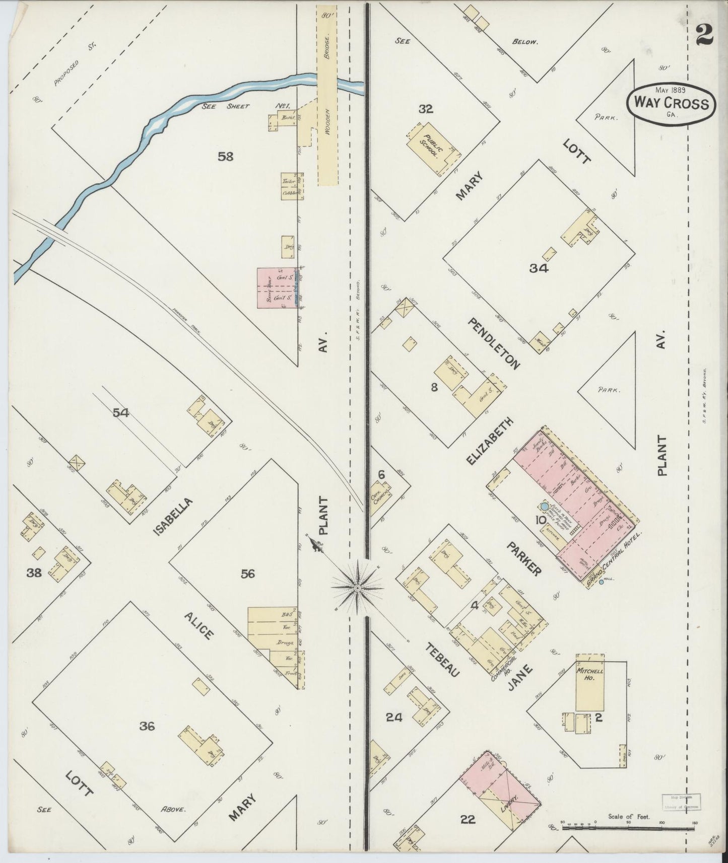 Sanborn Fire Insurance Map from Waycross, Ware County, Georgia (1889), Sheet #0002 - Complete Map Set gallery image, historic Sanborn map, vintage wall art, Georgia Georgia