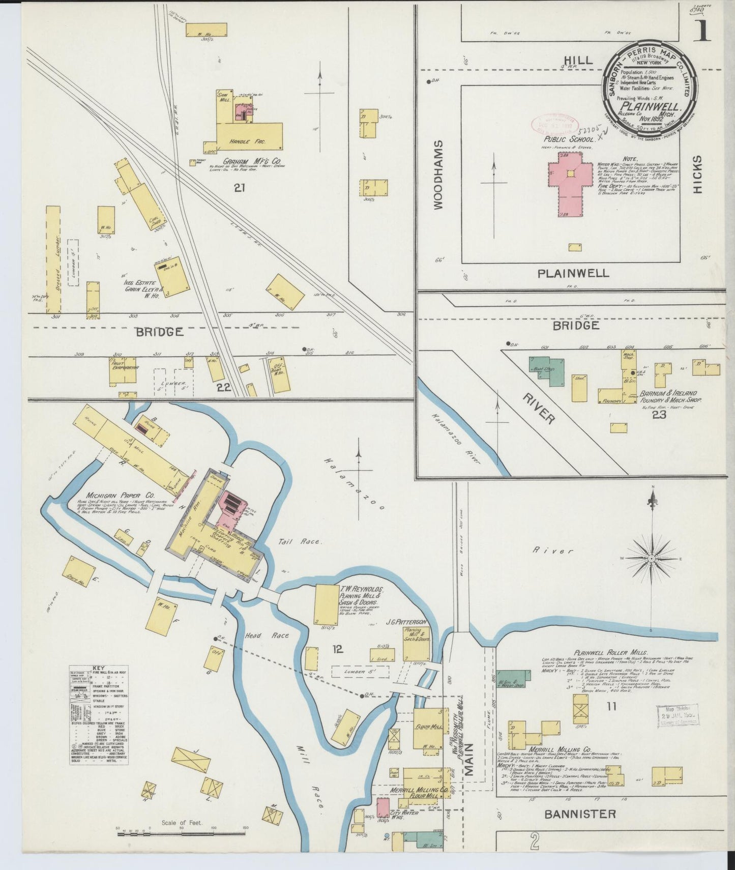 Sanborn Fire Insurance Map from Plainwell, Allegan County, Michigan (1892), Sheet #0001 - Complete Map Set gallery image, historic Sanborn map, vintage wall art, Michigan Michigan