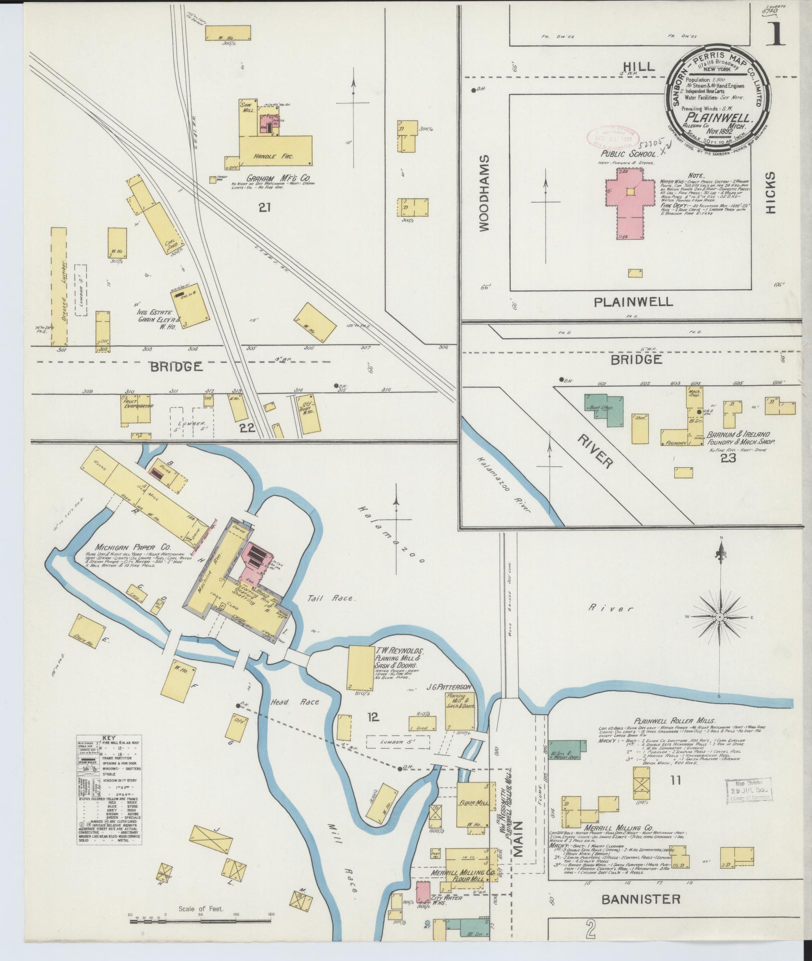 Sanborn Fire Insurance Map from Plainwell, Allegan County, Michigan (1892), Sheet #0001 - Complete Map Set gallery image, historic Sanborn map, vintage wall art, Michigan Michigan