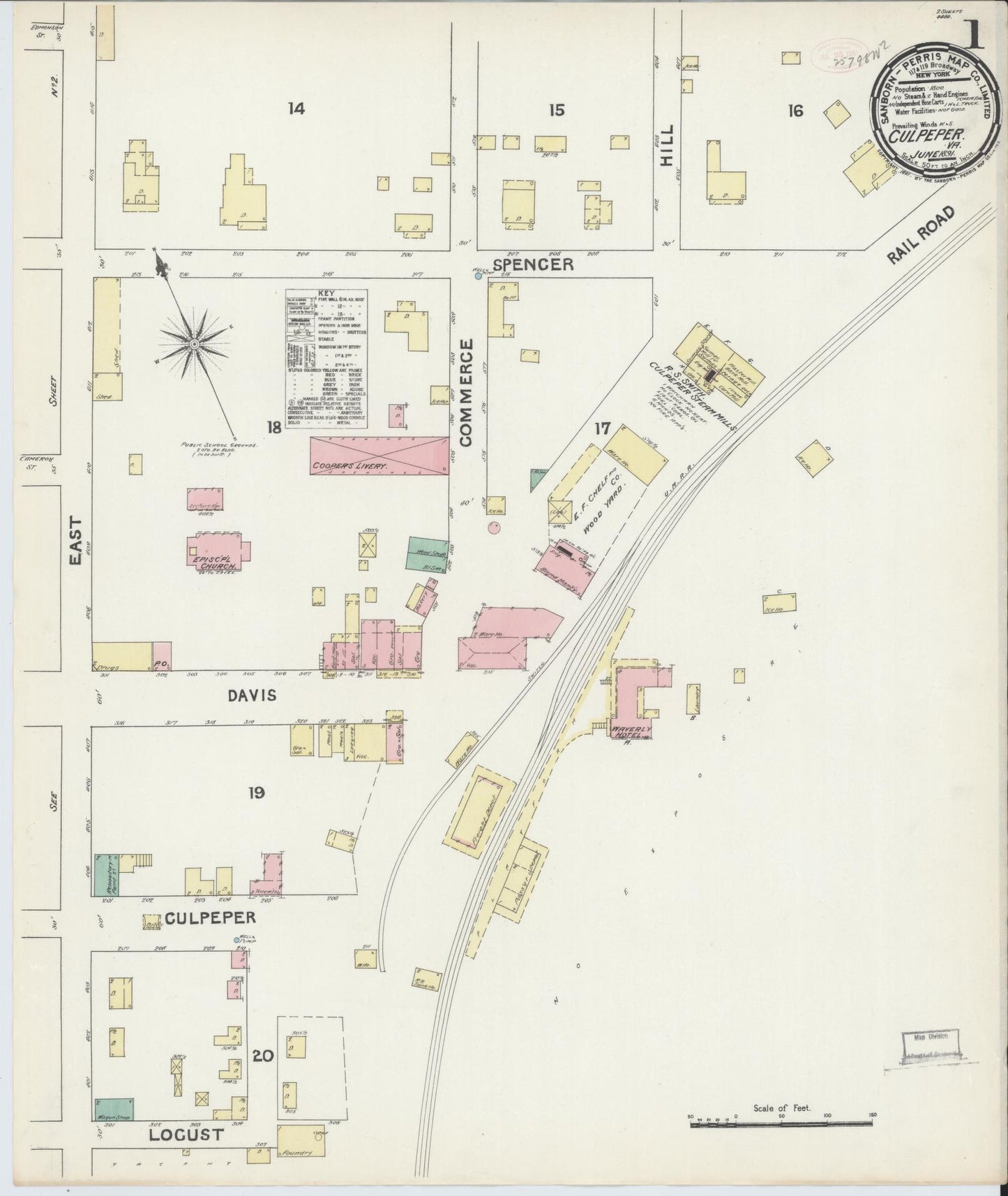 Sanborn Fire Insurance Map from Culpeper, Culpeper County, Virginia (1891), Sheet #0001 - Complete Map Set gallery image, historic Sanborn map, vintage wall art, Virginia Virginia