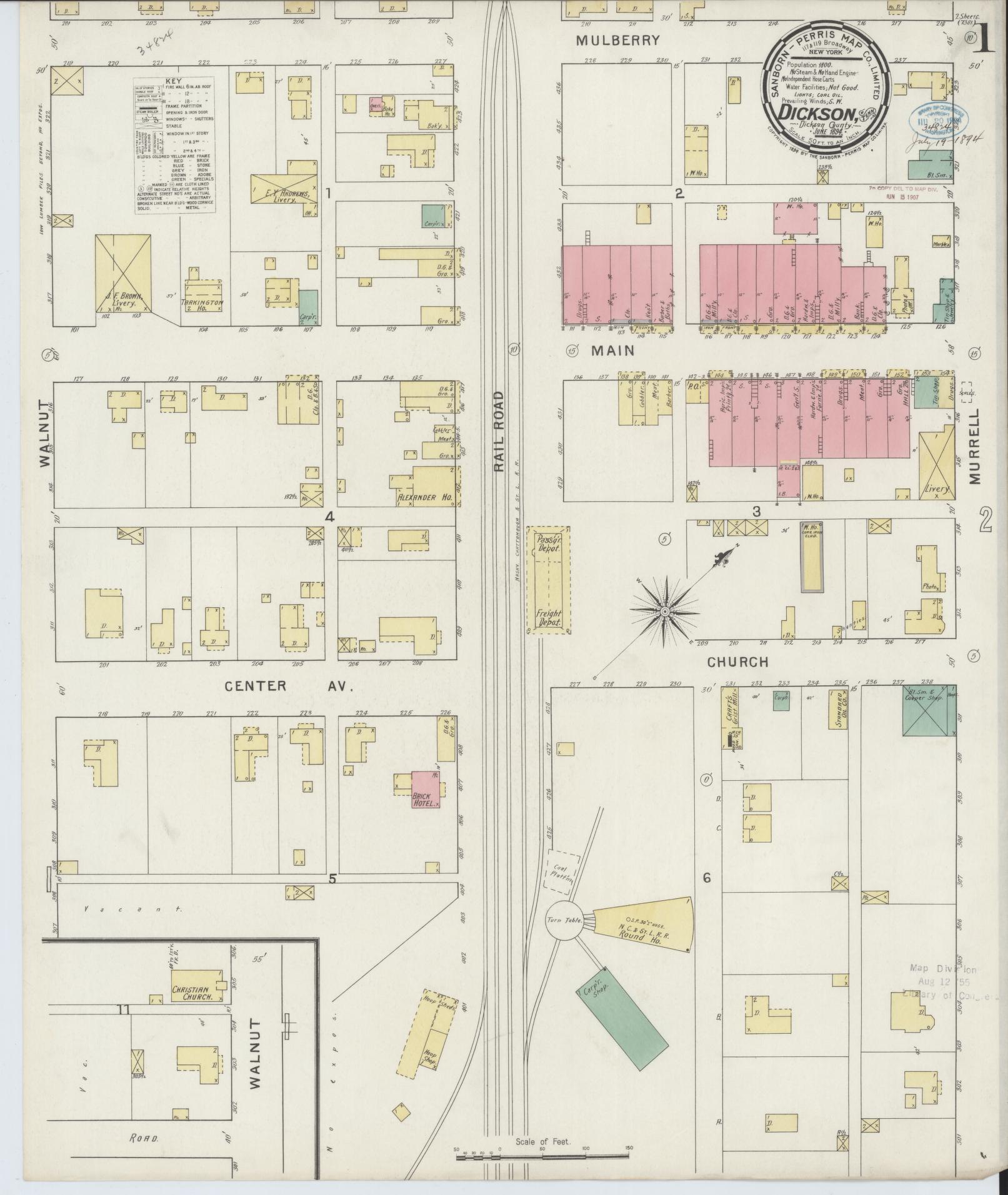 Sanborn Fire Insurance Map from Dickson, Dickson County, Tennessee (1894), Sheet #0001 - Complete Map Set gallery image, historic Sanborn map, vintage wall art, Tennessee Tennessee