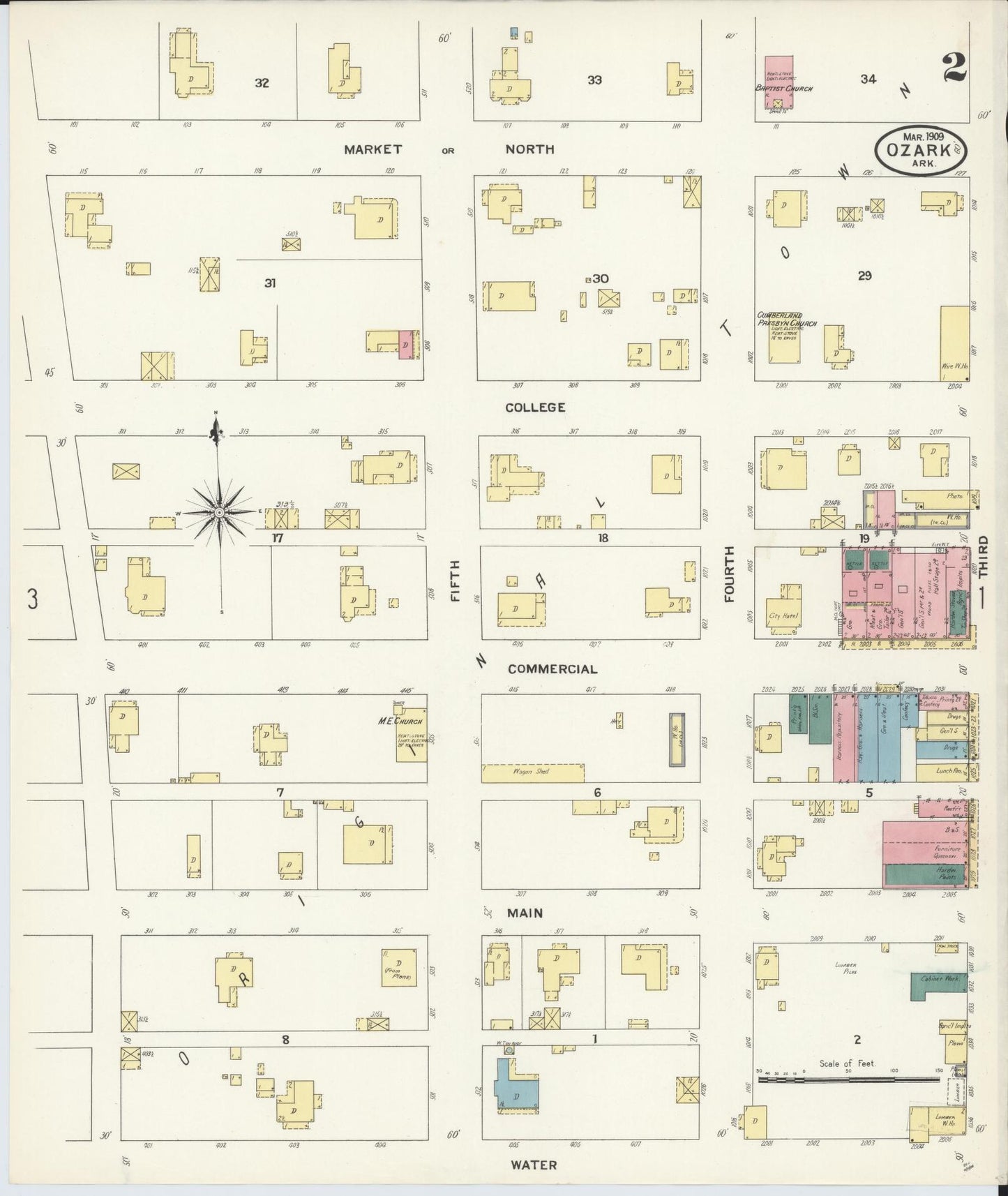 Sanborn Fire Insurance Map from Ozark, Franklin County, Arkansas (1909), Sheet #0002 - Historic Sanborn Fire Insurance Map Print, vintage old map wall art, antique decor, genealogy gift, Arkansas Arkansas map