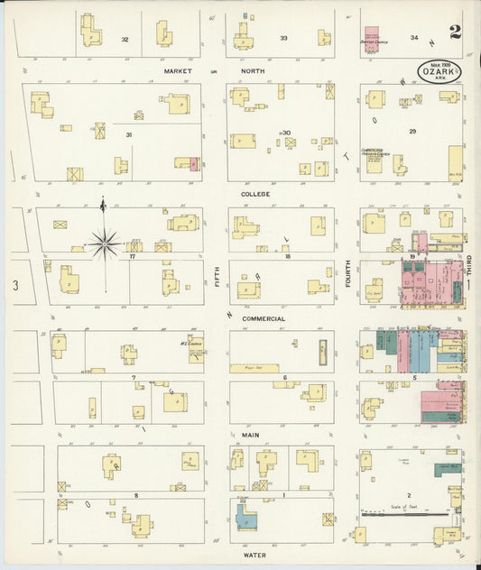 Sanborn Fire Insurance Map from Ozark, Franklin County, Arkansas (1909), Sheet #0002 - Historic Sanborn Fire Insurance Map Print, vintage old map wall art, antique decor, genealogy gift, Arkansas Arkansas map