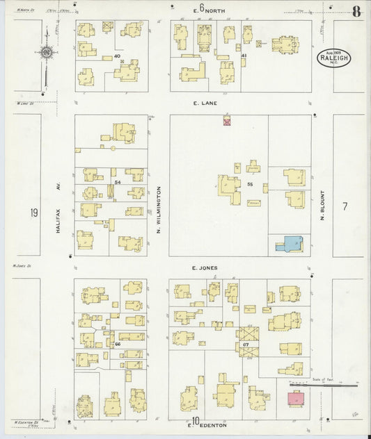 Sanborn Fire Insurance Map from Raleigh, Wake County, North Carolina (1909), Sheet #0008 - Historic Sanborn Fire Insurance Map Print, vintage old map wall art, antique decor, genealogy gift, North Carolina North Carolina map