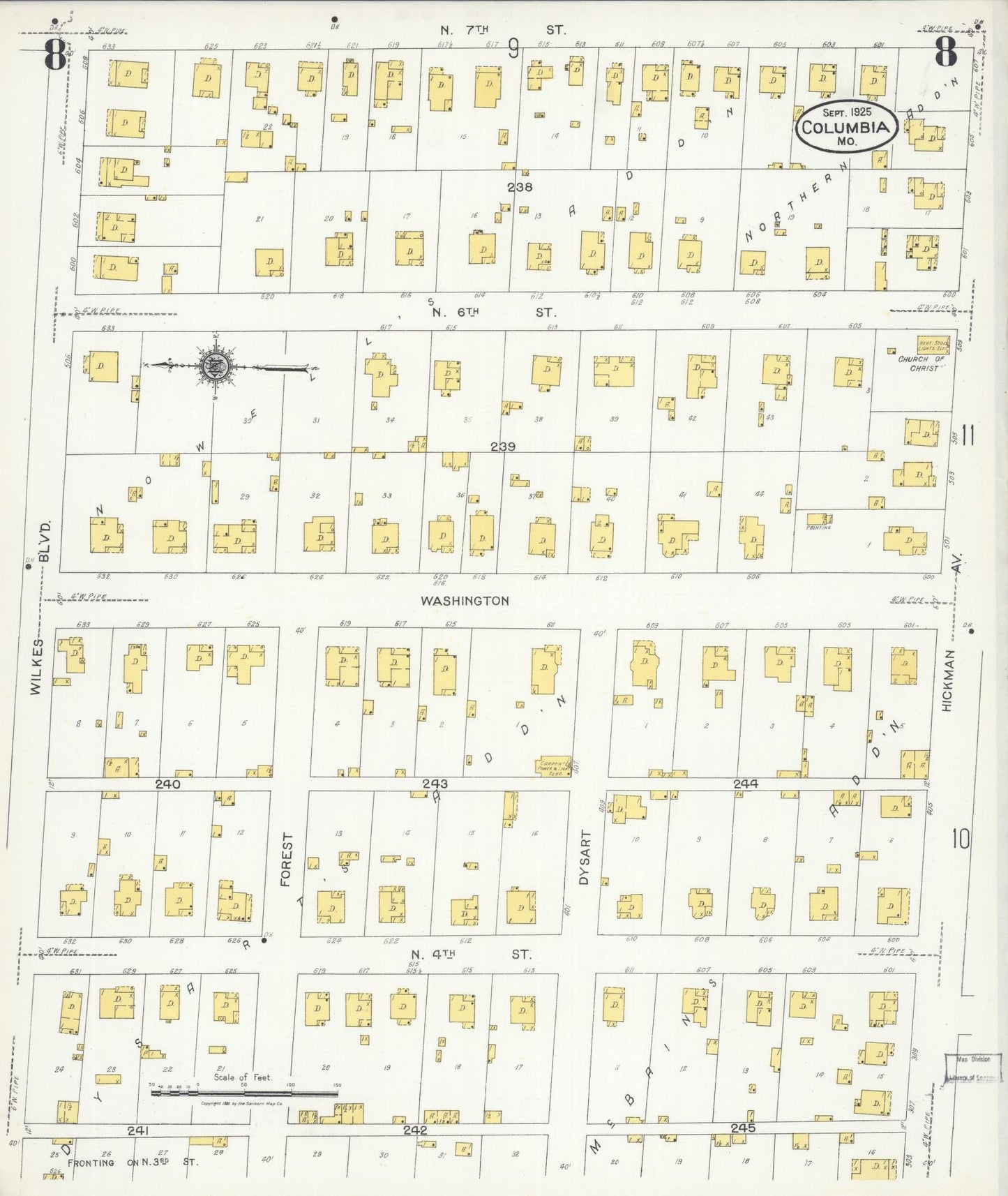 Sanborn Fire Insurance Map from Columbia, Boone County, Missouri (1925), Sheet #0008 - Complete Map Set gallery image, historic Sanborn map, vintage wall art, Missouri Missouri