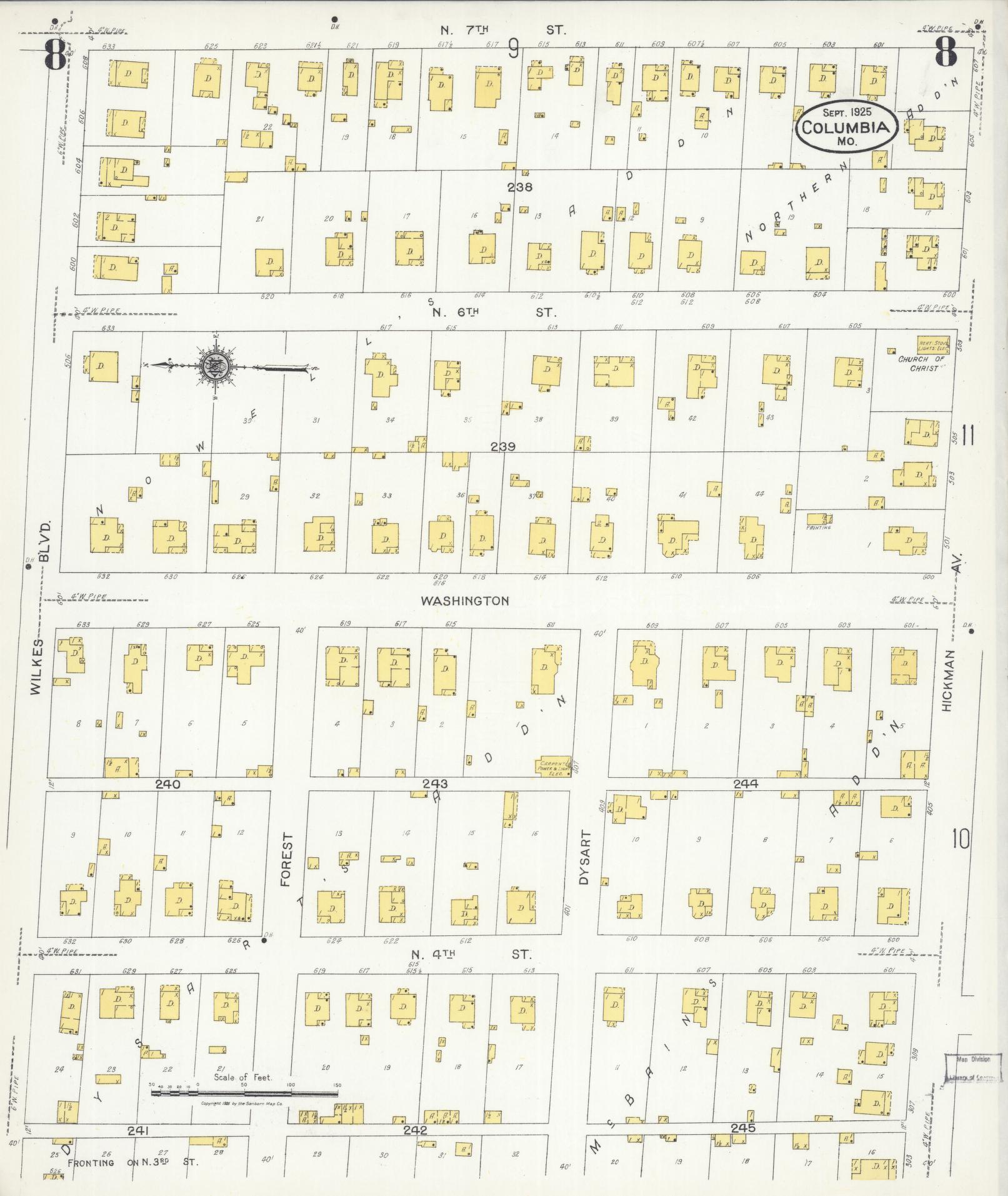 Sanborn Fire Insurance Map from Columbia, Boone County, Missouri (1925), Sheet #0008 - Complete Map Set gallery image, historic Sanborn map, vintage wall art, Missouri Missouri
