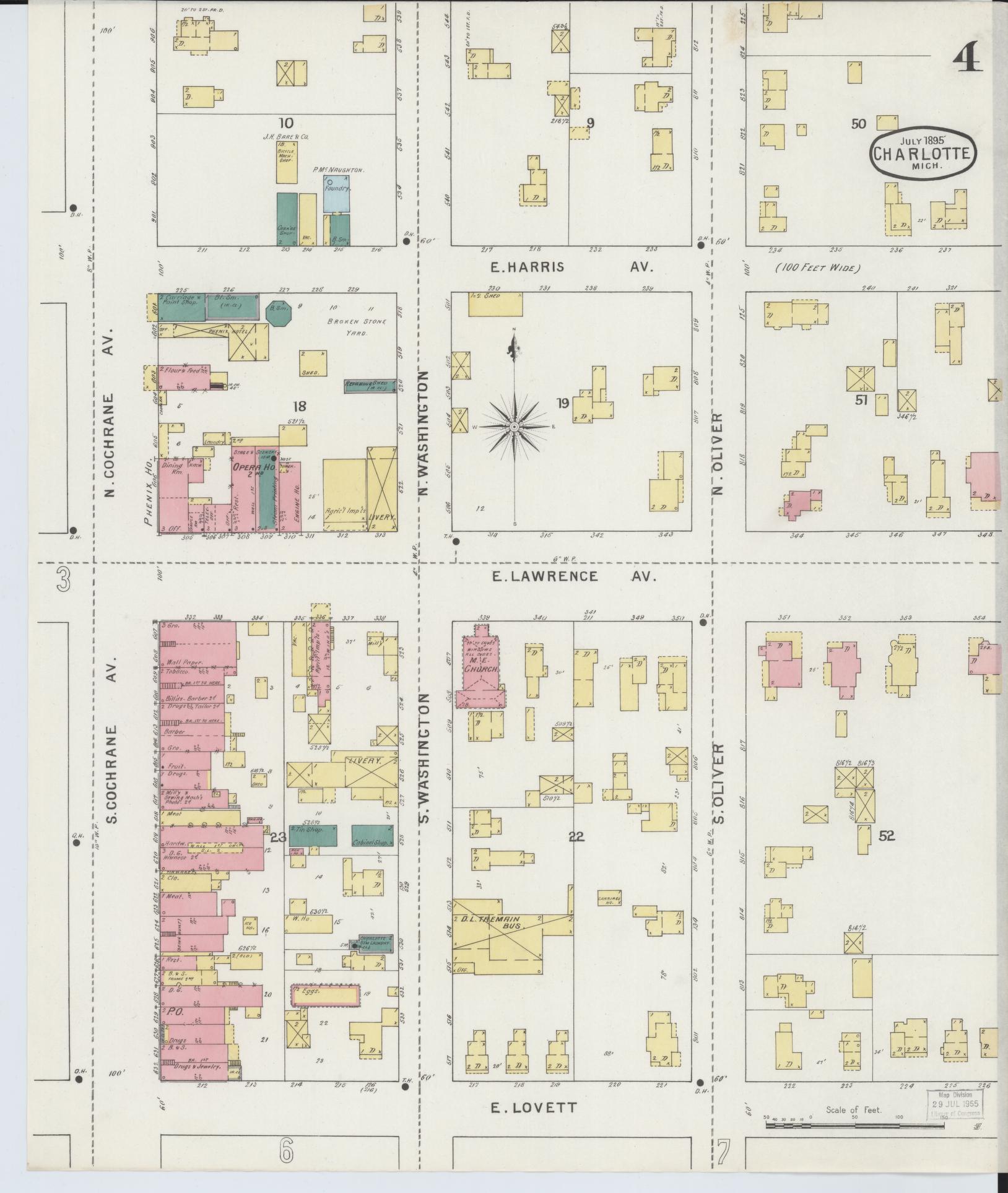 Sanborn Fire Insurance Map from Charlotte, Eaton County, Michigan (1895), Sheet #0004 - Historic Sanborn Fire Insurance Map Print, vintage old map wall art, antique decor, genealogy gift, Michigan Michigan map