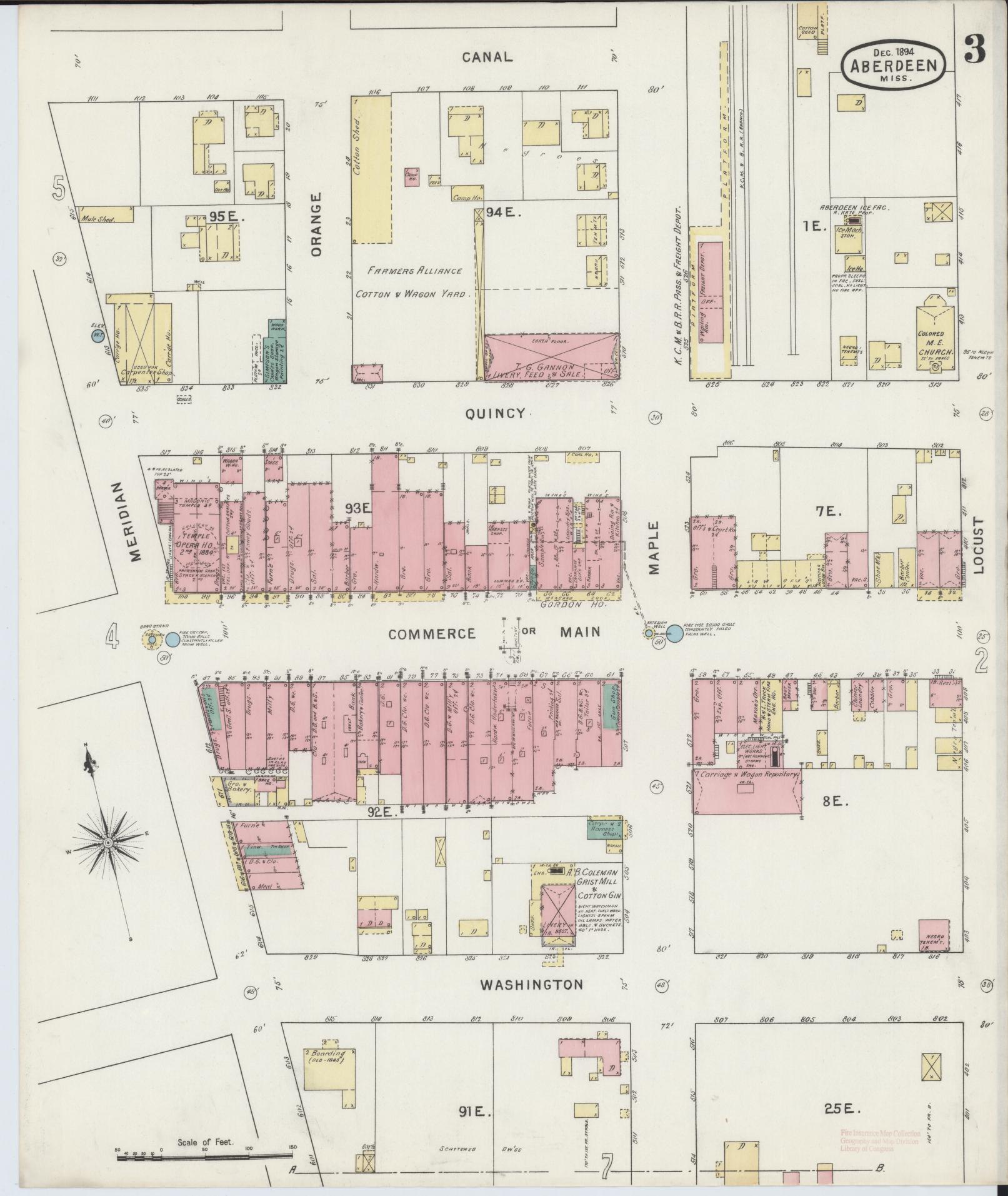 Sanborn Fire Insurance Map from Aberdeen, Monroe County, Mississippi (1894), Sheet #0003 - Historic Sanborn Fire Insurance Map Print, vintage old map wall art, antique decor, genealogy gift, Mississippi Mississippi map