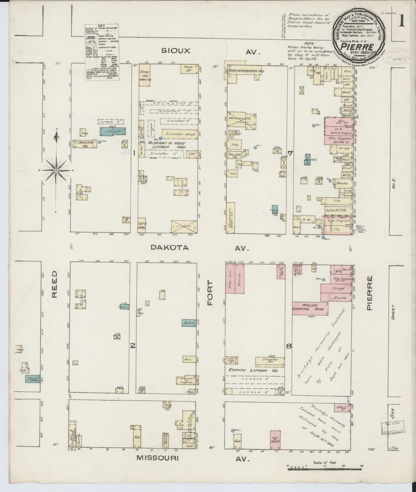 Sanborn Fire Insurance Map from Pierre, Hughes County, South Dakota (1885), Sheet #0001 - Complete Map Set gallery image, historic Sanborn map, vintage wall art, South Dakota South Dakota