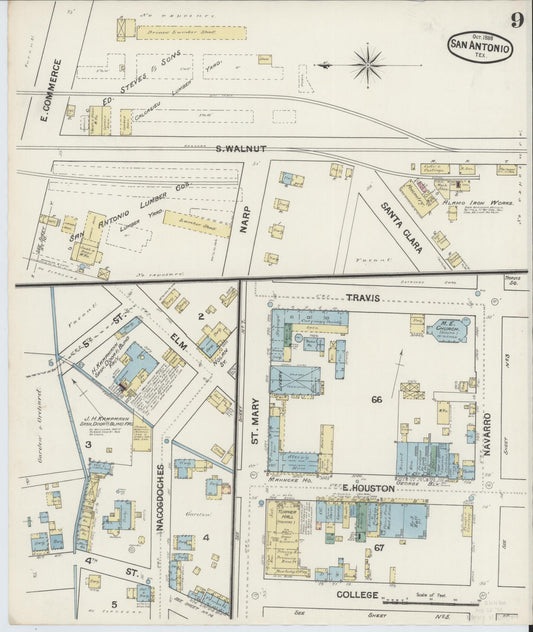Sanborn Fire Insurance Map from San Antonio, Bexar County, Texas (1888), Sheet #0009 - Historic Sanborn Fire Insurance Map Print, vintage old map wall art, antique decor, genealogy gift, Texas Texas map