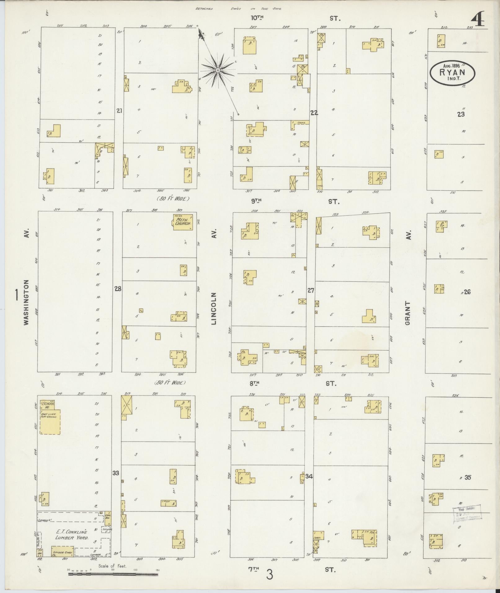 Sanborn Fire Insurance Map from Ryan, Jefferson County, Oklahoma (1898), Sheet #0004 - Historic Sanborn Fire Insurance Map Print, vintage old map wall art, antique decor, genealogy gift, Oklahoma Oklahoma map