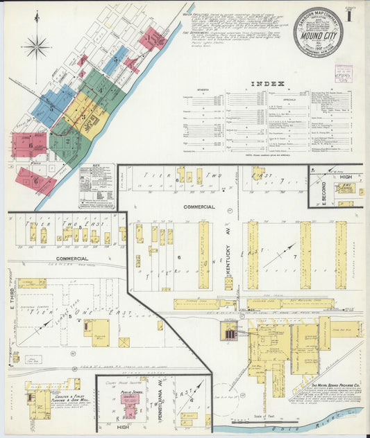 Sanborn Fire Insurance Map from Mound City, Pulaski County, Illinois (1907), Sheet #0001 - Complete Map Set gallery image, historic Sanborn map, vintage wall art, Illinois Illinois