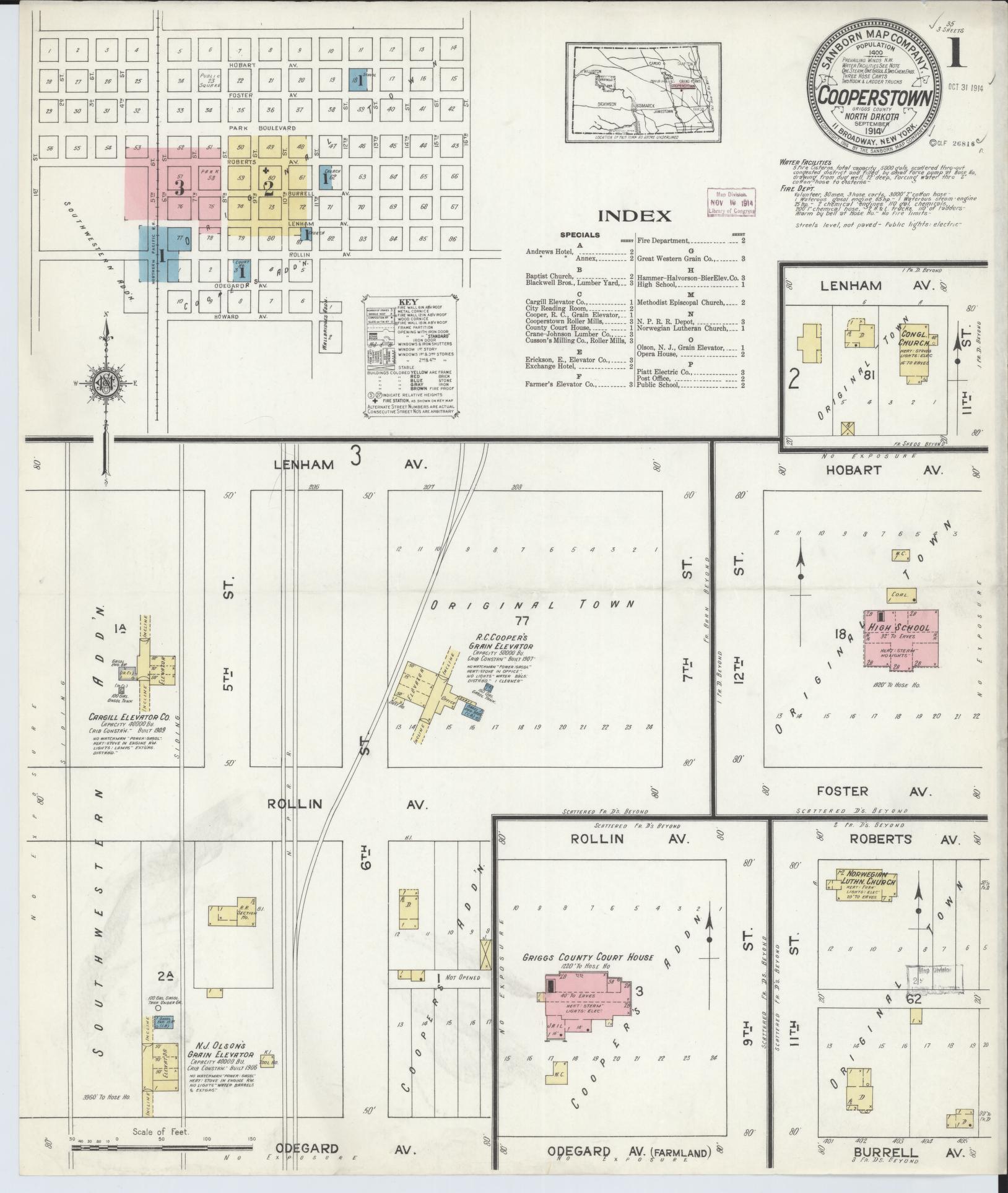 Sanborn Fire Insurance Map from Cooperstown, Griggs County, North Dakota (1914), Sheet #0001 - Historic Sanborn Fire Insurance Map Print, vintage old map wall art, antique decor, genealogy gift, North Dakota North Dakota map