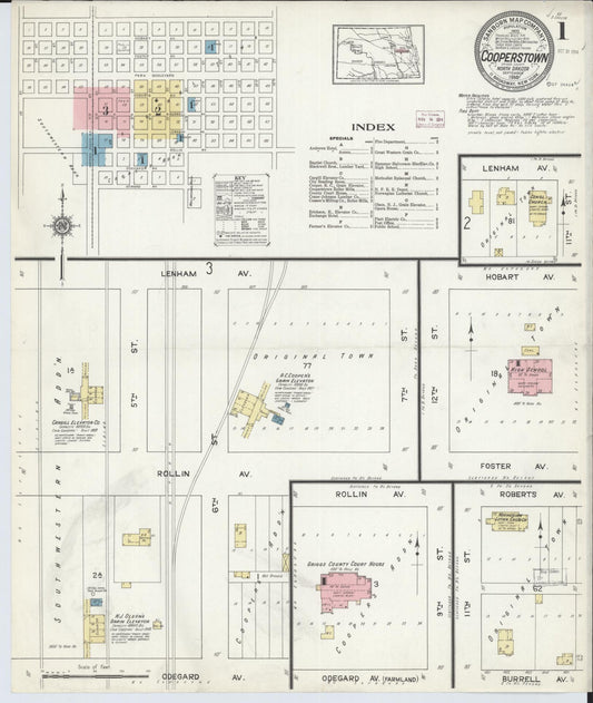 Sanborn Fire Insurance Map from Cooperstown, Griggs County, North Dakota (1914), Sheet #0001 - Historic Sanborn Fire Insurance Map Print, vintage old map wall art, antique decor, genealogy gift, North Dakota North Dakota map