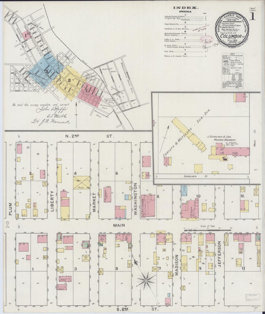 Sanborn Fire Insurance Map from Columbia, Monroe County, Illinois (1894), Sheet #0001 - Historic Sanborn Fire Insurance Map Print, vintage old map wall art, antique decor, genealogy gift, Illinois Illinois map