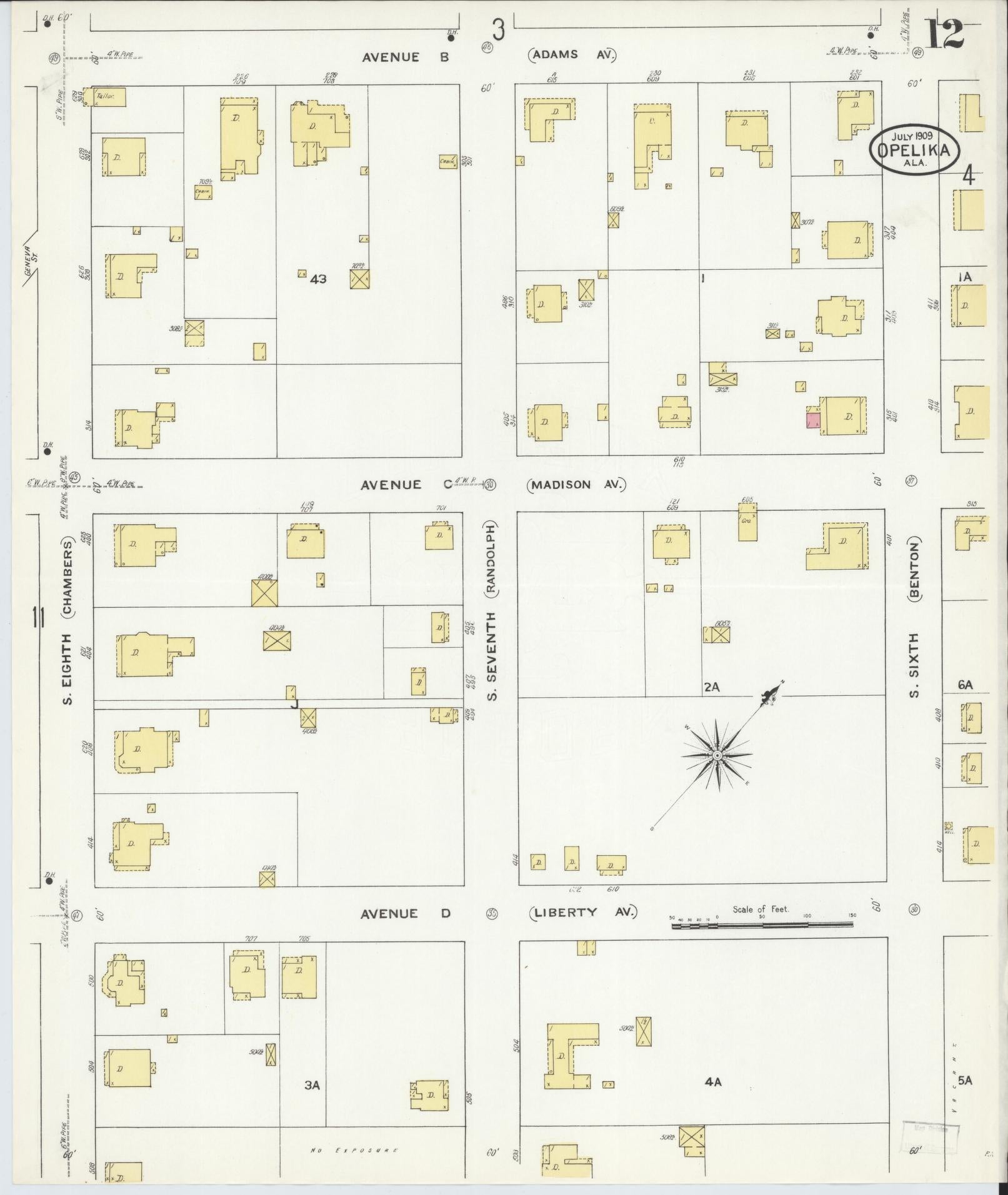 Sanborn Fire Insurance Map from Opelika, Lee County, Alabama (1909), Sheet #0012 - Historic Sanborn Fire Insurance Map Print, vintage old map wall art, antique decor, genealogy gift, Alabama Alabama map