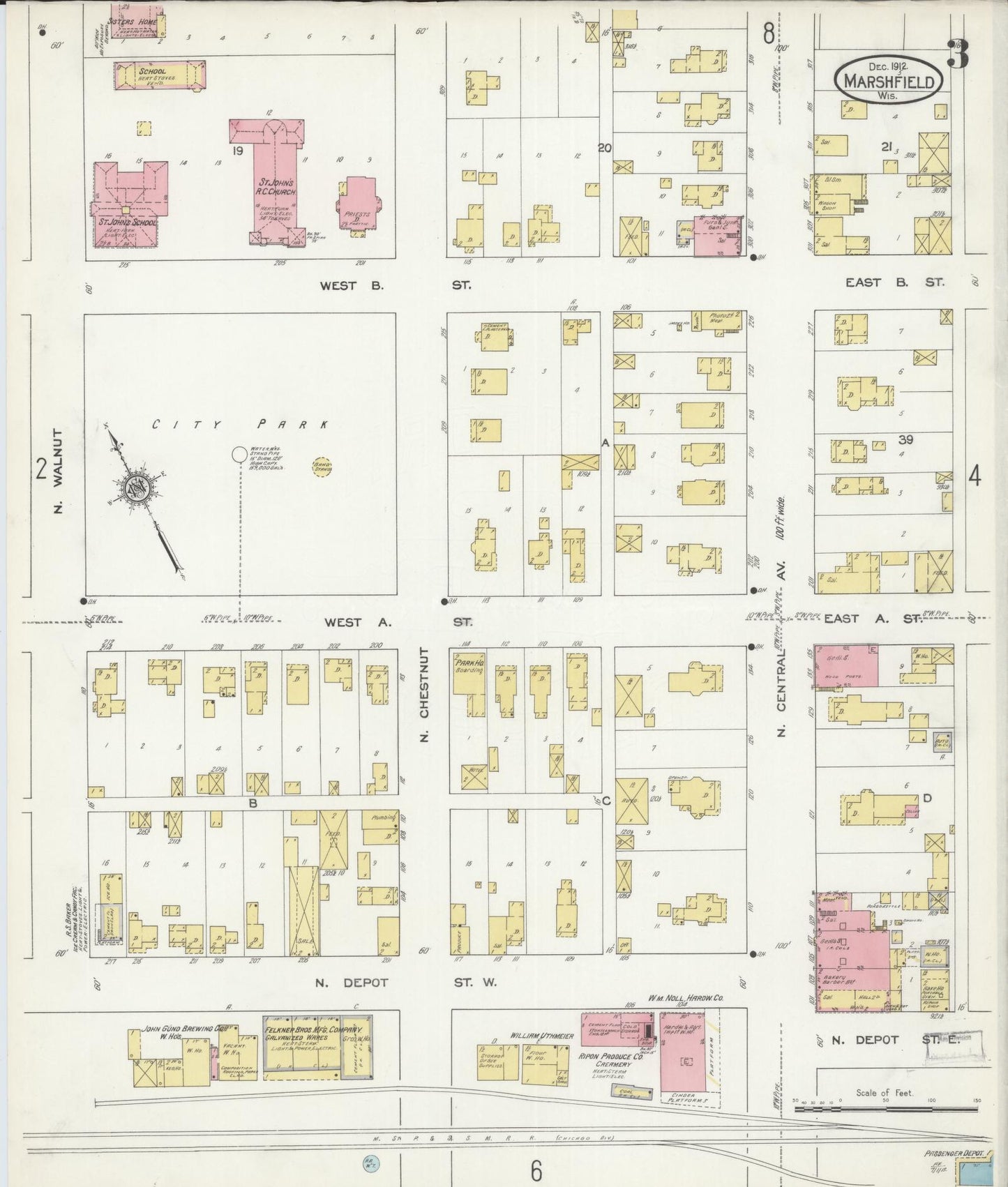 Sanborn Fire Insurance Map from Marshfield, Wood County, Wisconsin (1912), Sheet #0003 - Complete Map Set gallery image, historic Sanborn map, vintage wall art, Wisconsin Wisconsin