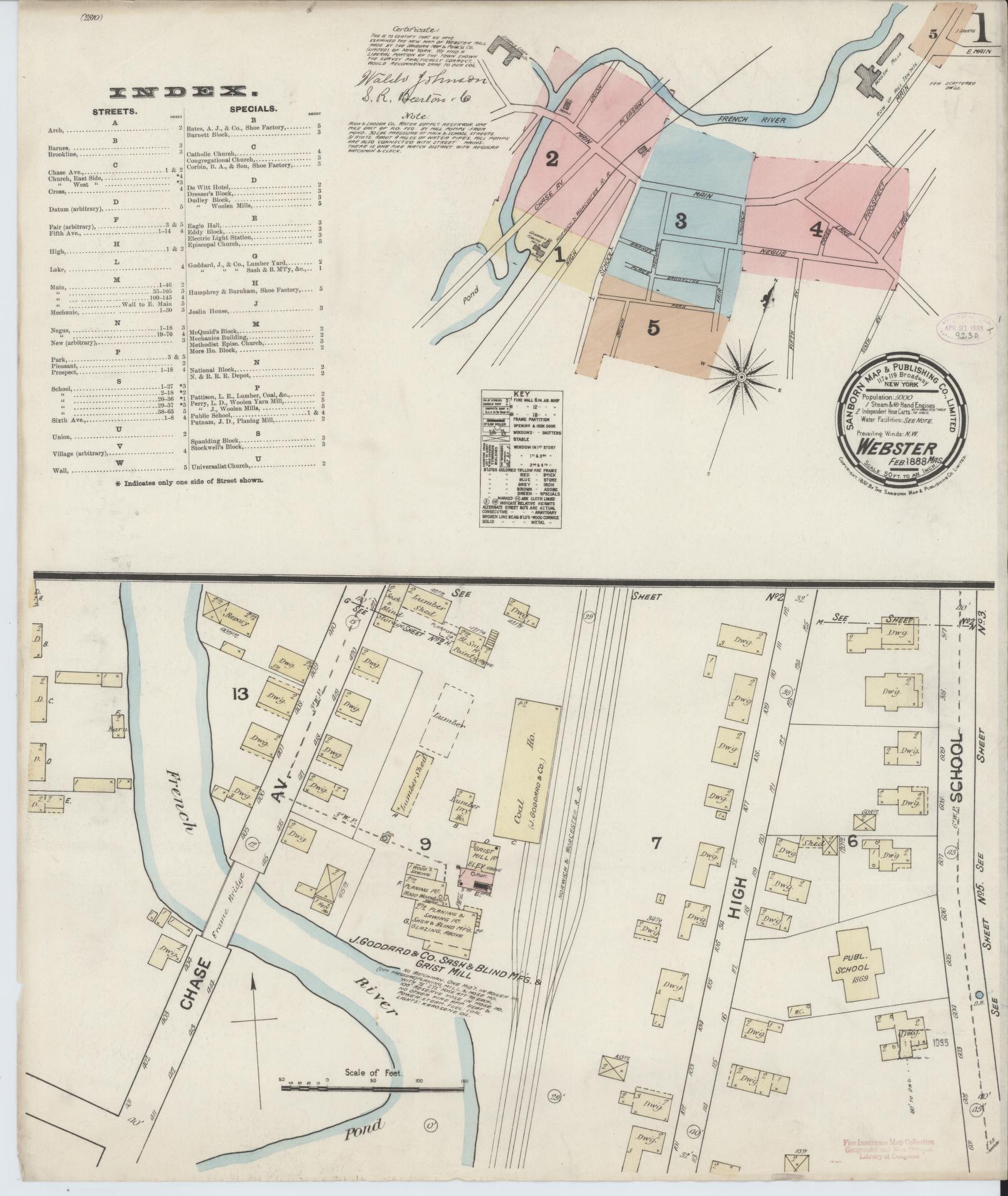 Sanborn Fire Insurance Map from Webster, Worcester County, Massachusetts (1888), Sheet #0001 - Historic Sanborn Fire Insurance Map Print, vintage old map wall art, antique decor, genealogy gift, Massachusetts Massachusetts map