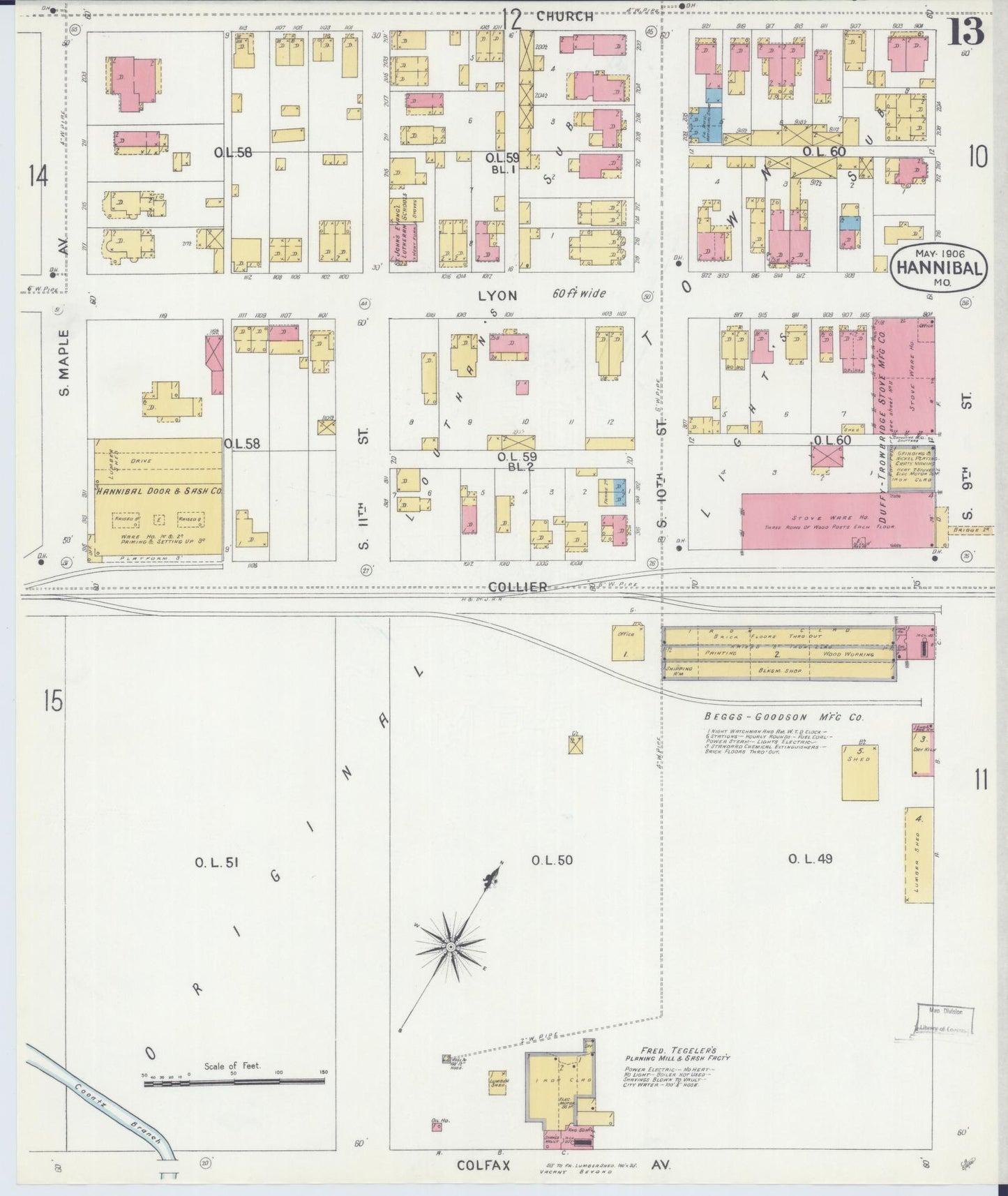 Sanborn Fire Insurance Map from Hannibal, Marion County, Missouri (1906), Sheet #0013 - Historic Sanborn Fire Insurance Map Print, vintage old map wall art, antique decor, genealogy gift, Missouri Missouri map
