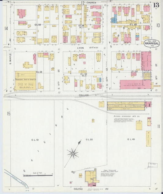 Sanborn Fire Insurance Map from Hannibal, Marion County, Missouri (1906), Sheet #0013 - Historic Sanborn Fire Insurance Map Print, vintage old map wall art, antique decor, genealogy gift, Missouri Missouri map