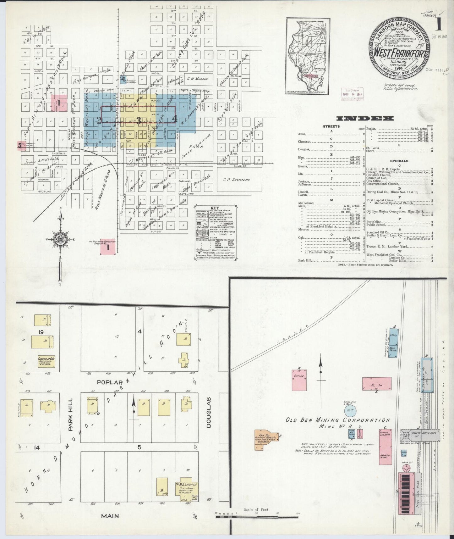 Sanborn Fire Insurance Map from West Frankfort, Franklin County, Illinois (1914), Sheet #0001 - Complete Map Set gallery image, historic Sanborn map, vintage wall art, Illinois Illinois