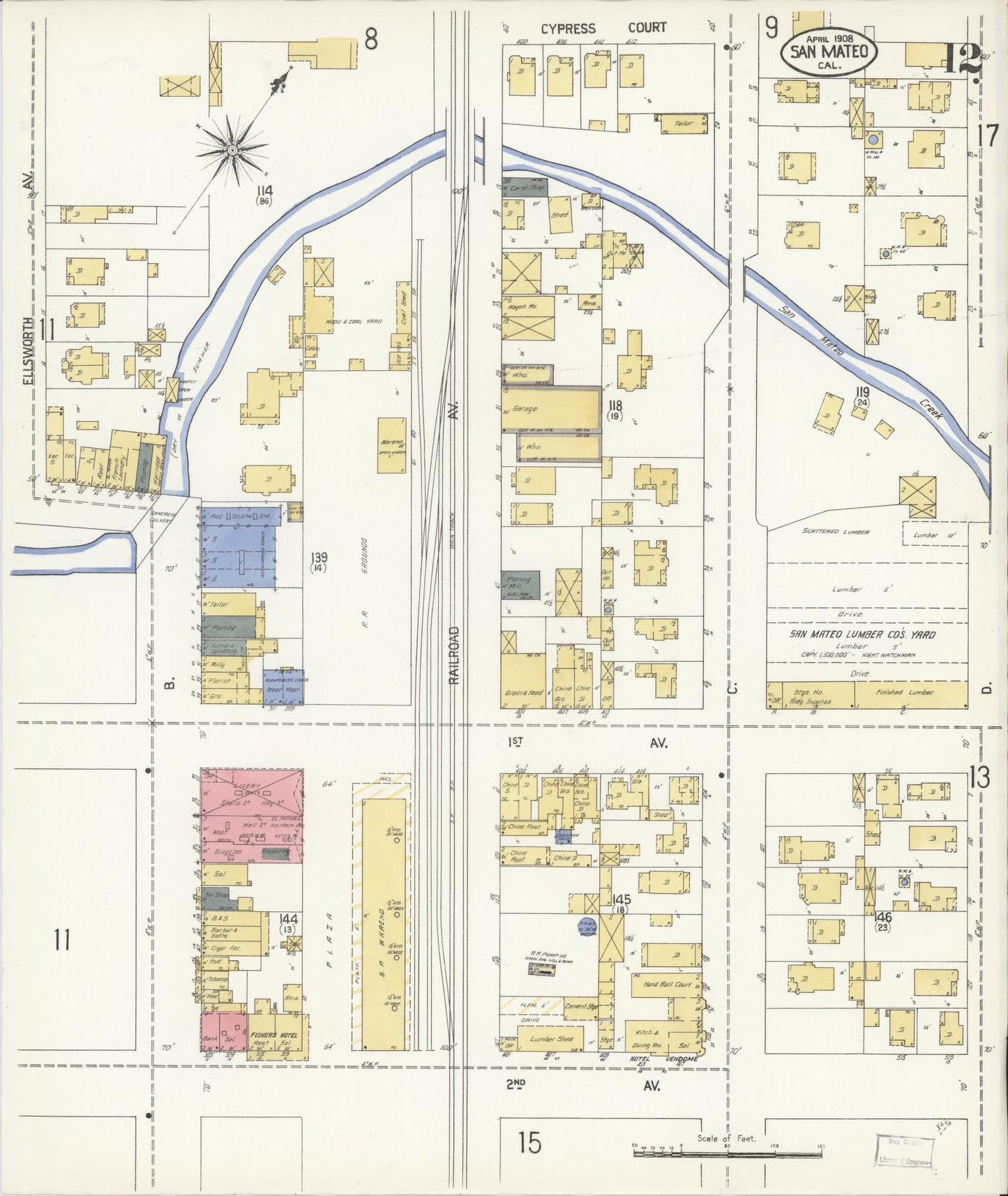 Sanborn Fire Insurance Map from San Mateo, San Mateo County, California (1908), Sheet #0012 - Complete Map Set gallery image, historic Sanborn map, vintage wall art, California California