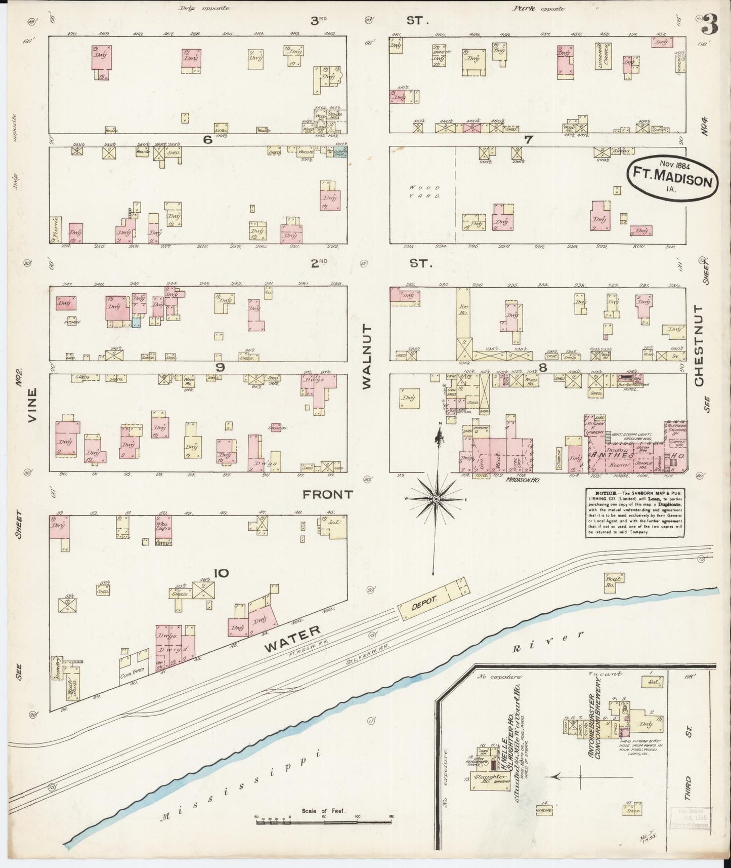 Sanborn Fire Insurance Map from Fort Madison, Lee County, Iowa (1884), Sheet #0003 - Historic Sanborn Fire Insurance Map Print, vintage old map wall art